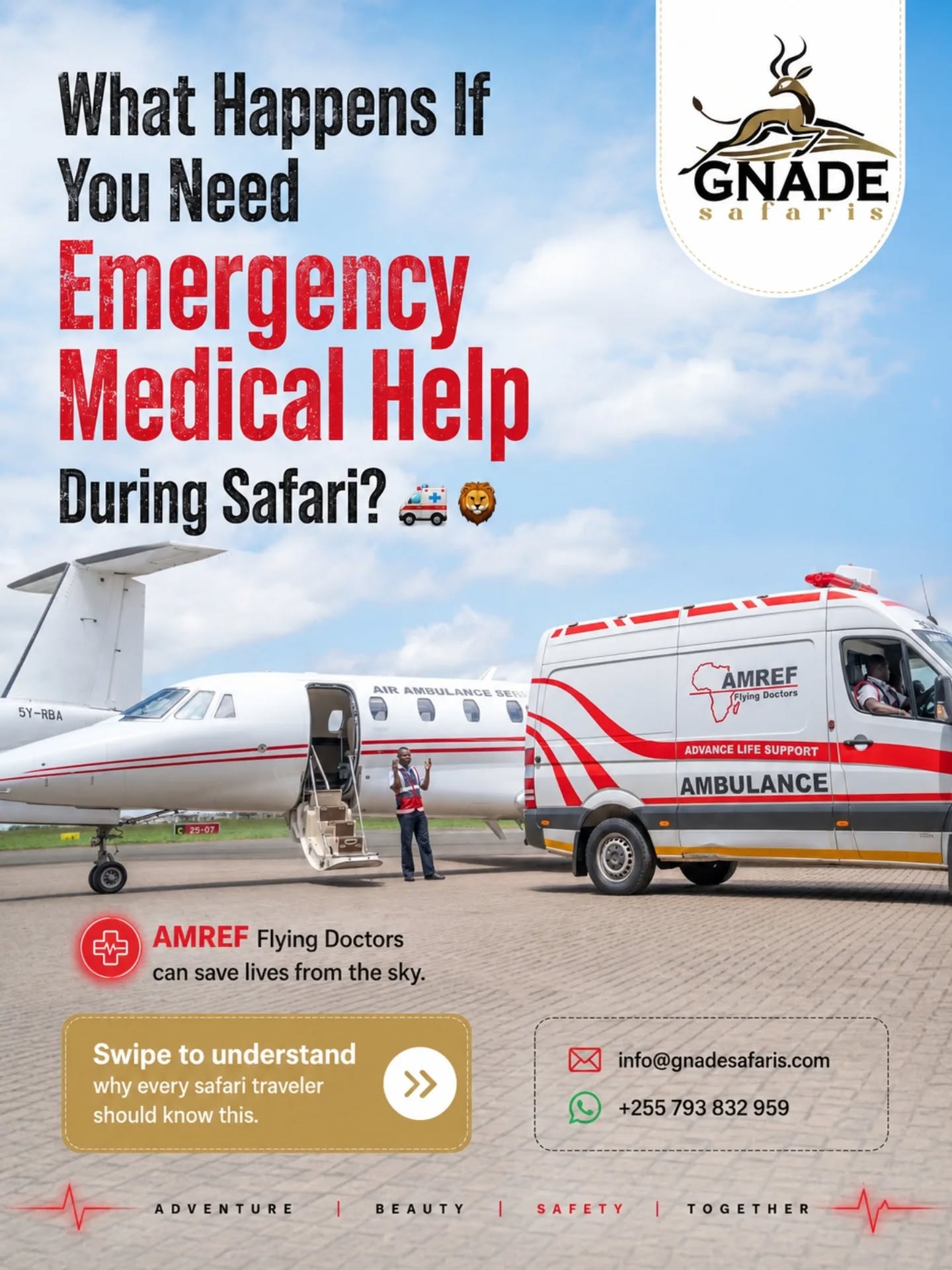 🚑 Travel Worry-Free with AMREF Flying Doctors in Tanzania ✈️
Adventure in Tanzania is unforgettable — but being prepared for emergencies is just as important. Whether you’re exploring the Serengeti, visiting the Ngorongoro Crater, climbing Mount Kilimanjaro, or relaxing in Zanzibar, AMREF Flying Doctors provides 24/7 emergency air evacuation services across East Africa.
This life-saving service ensures rapid medical assistance from even the most remote safari locations, giving travelers peace of mind throughout their journey.
🌍 Why Travelers Choose AMREF Flying Doctors:
✔ Emergency evacuation from remote safari areas
✔ 24/7 aeromedical support
✔ Professional onboard medical teams
✔ Coverage across Tanzania & Zanzibar
✔ Essential safety for safari and Kilimanjaro travelers
At Gnade Safaris, your safety always comes first. We highly recommend AMREF coverage for every Tanzania safari adventure.
📖 Read the complete guide here:
https://www.gnadesafaris.com/post/amref-flying-doctors
📧 info@gnadesafaris.com
📱 WhatsApp: +255793832959
#GnadeSafaris #AMREFFlyingDoctors #TanzaniaSafari #SerengetiSafari #TravelSafe