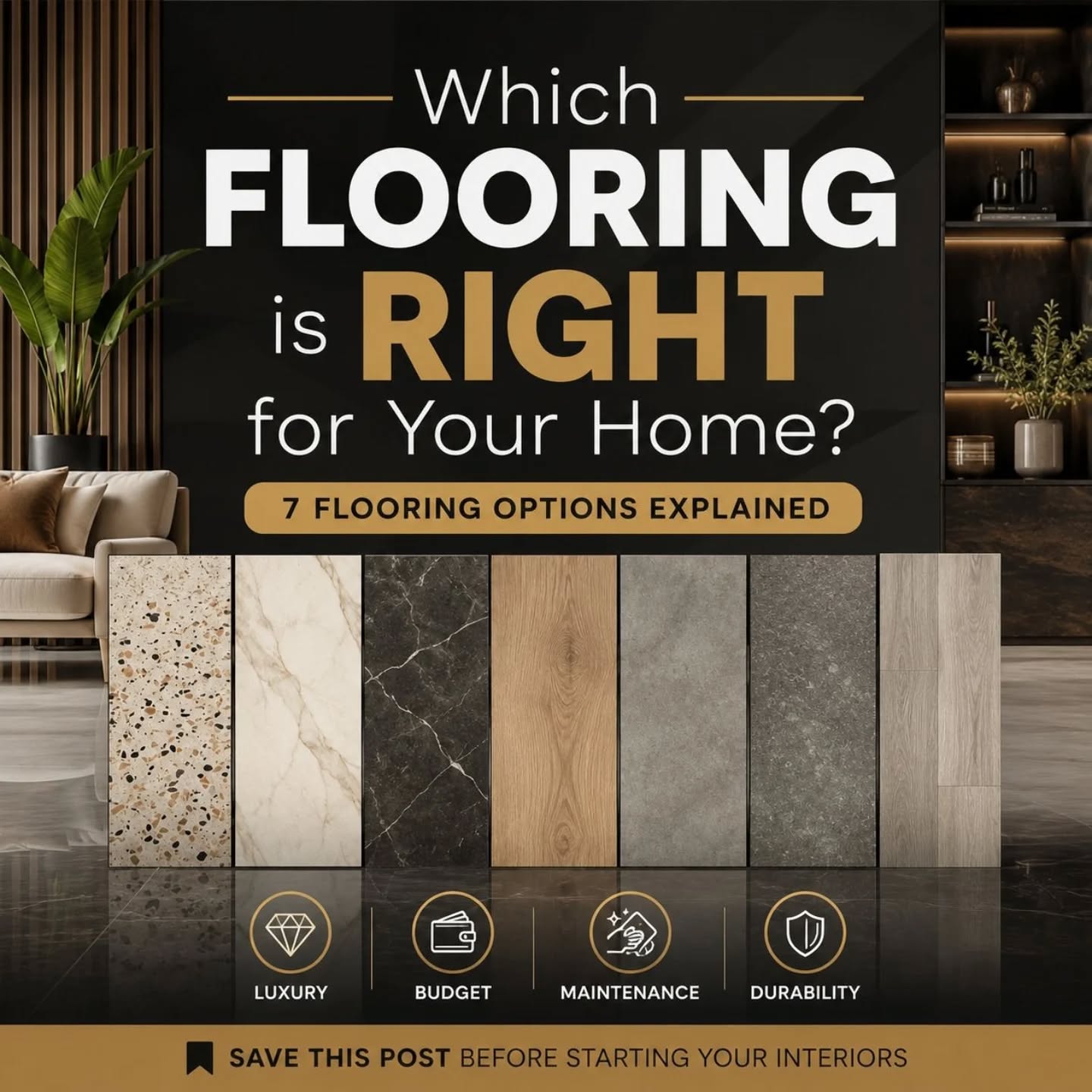 Flooring defines the feel of your space.
From elegant marble to modern terrazzo — choose what fits your style best. ✨
Which flooring would you pick for your dream home?
DM for enquiries 📩
#BuilddriteStudio #flooringdesign #interiordesigns #homeinterior #luxuryinteriors