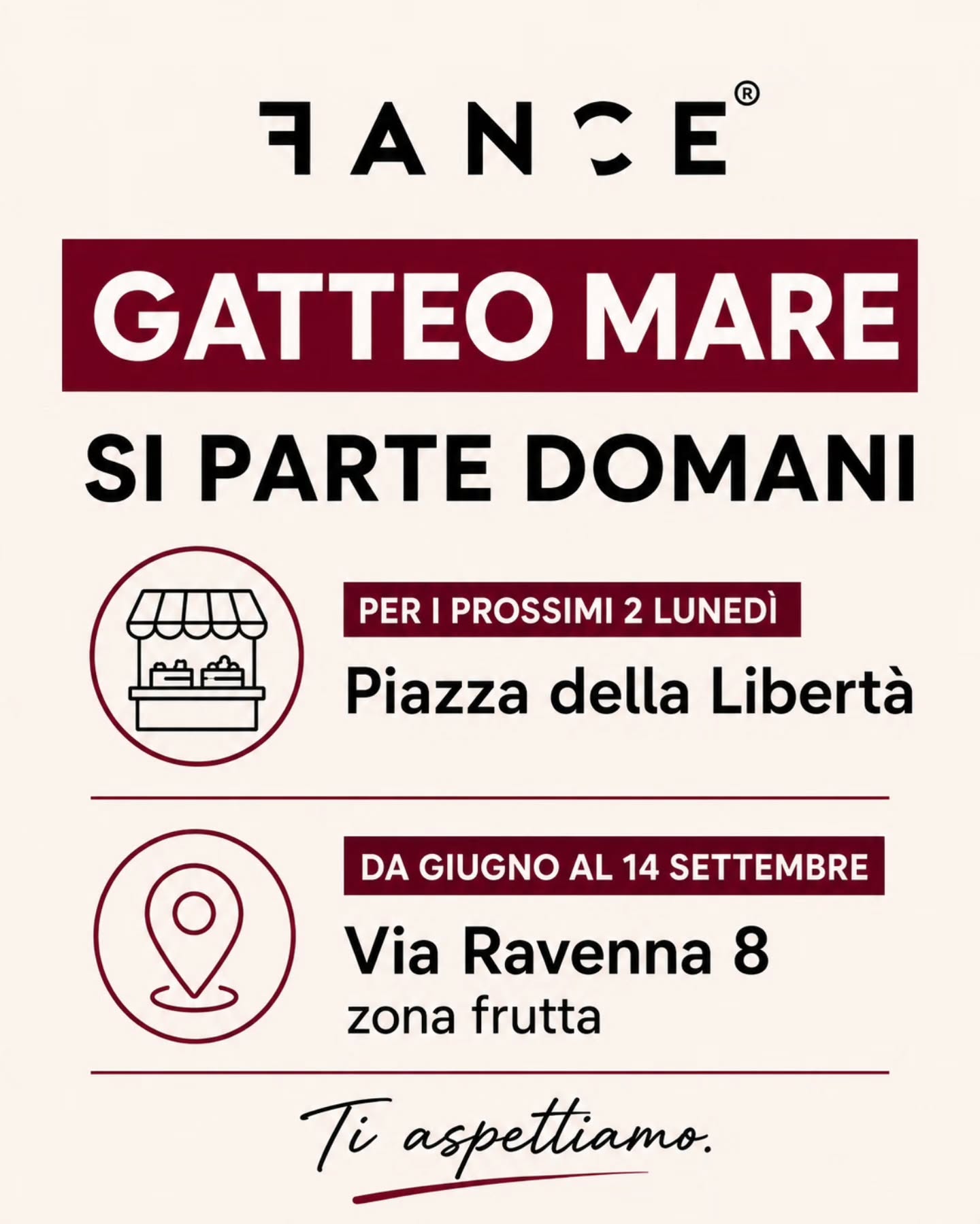 GATTEO MARE, SI PARTE ☀️
Da domani ci trovate anche al mercato di Gatteo Mare.
Per i prossimi 2 lunedì saremo in:
📍 Piazza della Libertà
Poi, da giugno fino al 14 settembre, ci spostiamo nel nostro posto fisso:
📍 Via Ravenna 8 — zona frutta
Portiamo con noi nuovi arrivi, capi estivi, outfit pronti e tutto quello che serve per iniziare la stagione nel modo giusto.
Se siete in zona, passate a trovarci.
FANCE arriva a Gatteo Mare.
Vi aspettiamo.
#fanceabbigliamento #fance #gatteomare #mercatogatteomare #romagna mercati abbigliamentouomo estate2026 streetwearuomo cesenatico rimini