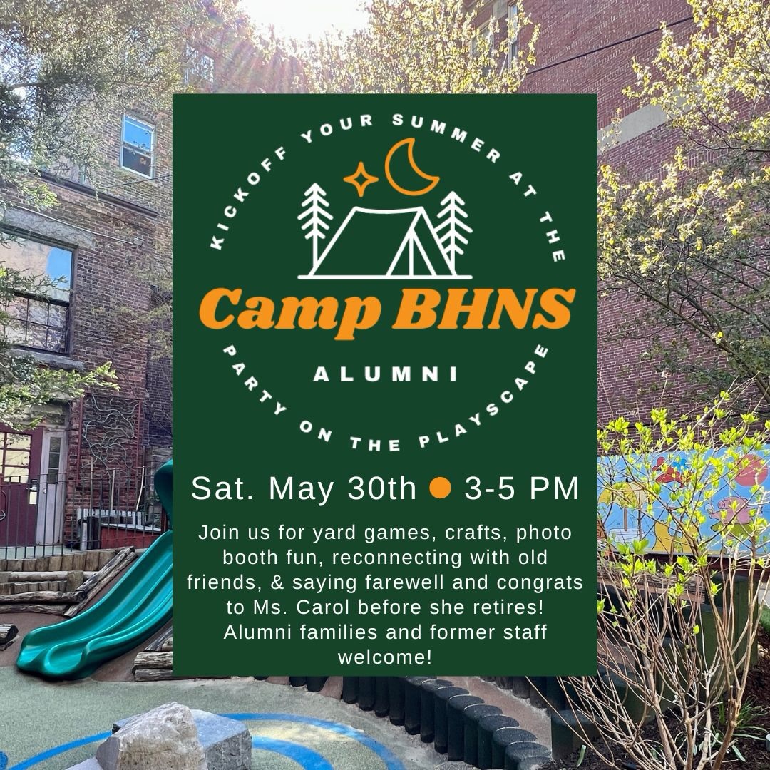 Calling all BHNS Alumni!📣 Come kick off your summer with us at the Alumni Party on the Playscape! We will have snacks, crafts, games, and a Photo Booth—back by popular demand!
This year’s party on the playscape is extra special as we celebrate the 70th anniversary of BHNS and say farewell and best wishes to our beloved music teacher, Ms. Carol, before she retires. Don’t miss it, see you there!💚