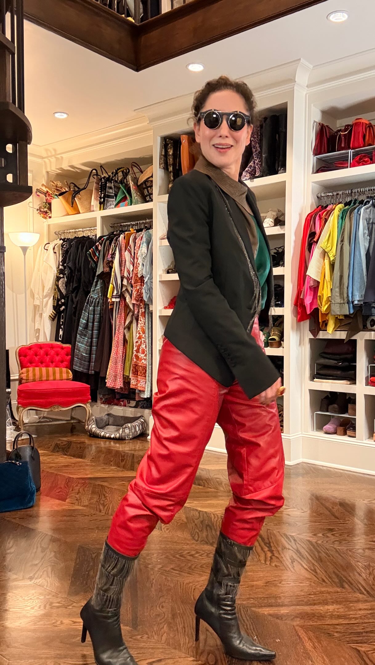 My amazing team spent the afternoon shopping for me at an iconic Dallas vintage store, and SURPRISED ME! Each person was assigned an item and had to stay under a certain dollar amount.
They absolutely slayed, as the kids say, and somehow transported me straight back to the ’80s in the best possible way.
Here’s what they had to say about why they chose what they did:
Jen: This shirt screamed Carla with the color blocking, interesting cut and details.
Hope: The way I flipped when I saw this jacket… because Carla already has the matching boots. Vintage score, zero hesitation, completely slayed the game.
Allison: I chose these glasses because they’re a little theatrical. I love the flip up detail and wanted to spice it up. They’re really extra, very on brand.
Clarabella: I chose the pants because they introduce a bold statement color with an ’80s leather feel, which ties in perfectly with Carla’s love for that era.
Faith: I had jewelry, so obviously I had to get the snake bracelet and a big red ring. It’s only right.