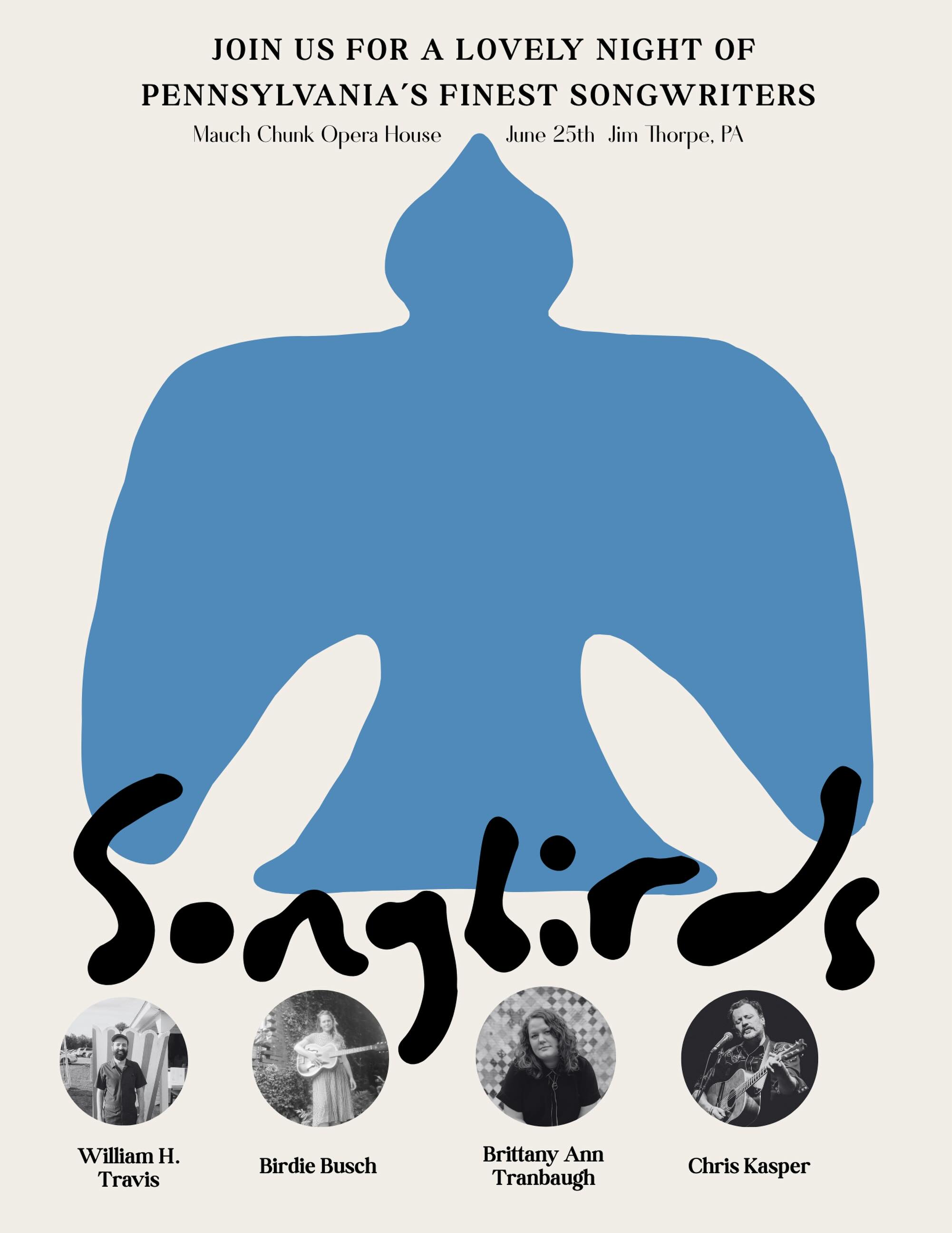 Join us on June 25th for an intimate evening with Pennsylvania’s finest songwriters. Featuring William H. Travis, Birdie Busch, Brittany Ann Tranbaugh, and Chris Kasper.
Get tickets at mcohjt.com