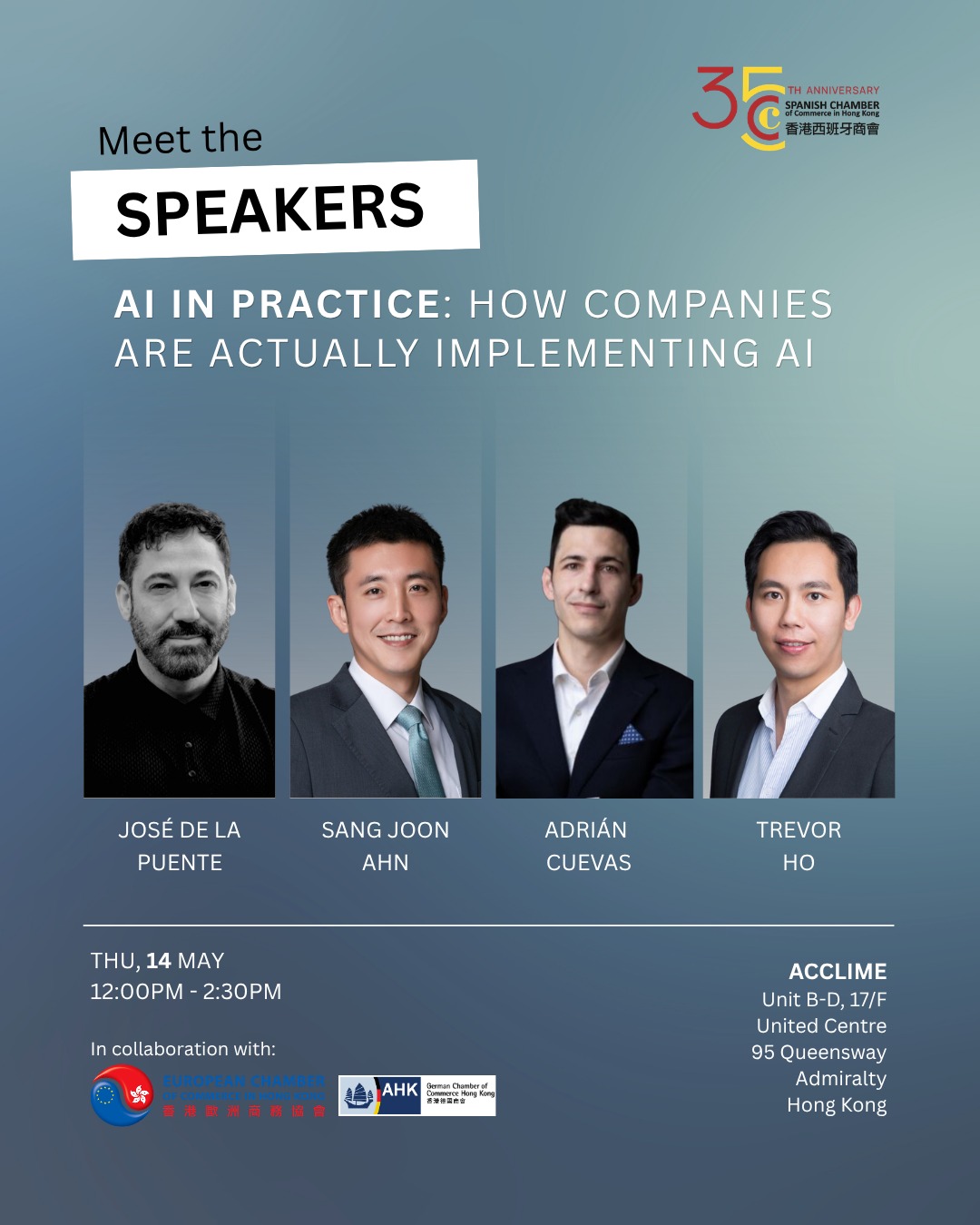 Join EuroCham, the @spanishchamberhk and @ahk_hongkong on May 14 for a powerhouse lunch panel at Acclime.
We’re diving into the practical execution of AI across industries with a lineup of top-tier experts:
José de la Puente (BBVA) – Large-scale AI adoption
Sang Joon Ahn (Sia Partners) – Strategic ROI & Data
Adrián Cuevas (NET CRAMAN) – Legal & compliance
Trevor Ho (Cereb) – AI/IoT ecosystems
Moderated by Beatriz Turiel (BBVA)
Event Details:
📅 Date: Thursday, 14 May
⏰ Time: 12:00 PM – 2:00 PM
📍 Venue: Acclime, Admiralty
🔗 Registration link in bio!