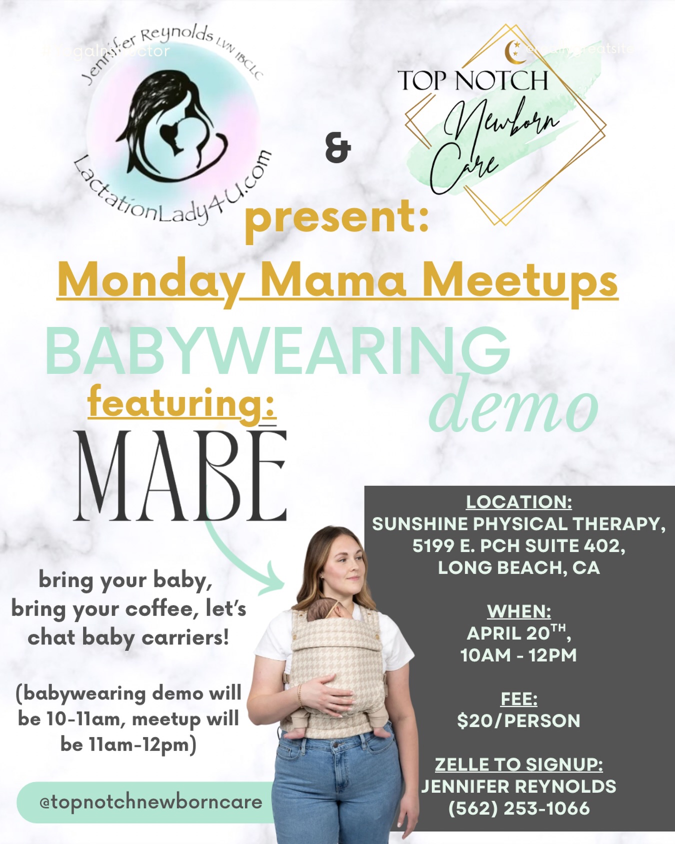 📣 NEW DATE ANNOUNCEMENT 📣
Come join us next Monday, May 18th to see a demo of @mabecarriers! I will have a few Mabe carriers to look at and try on ☺️
@jenreyibclc is hosting her weekly Monday Mama Meetup at @abitofsunshinept in Long Beach. ❤️
There will be a raffle giveaway for a spot in my 5/24 Pediatric CPR & Safety class, and all participants in attendance will receive a promo code to be used on an upcoming @topnotchnewborncare group class! 🤩