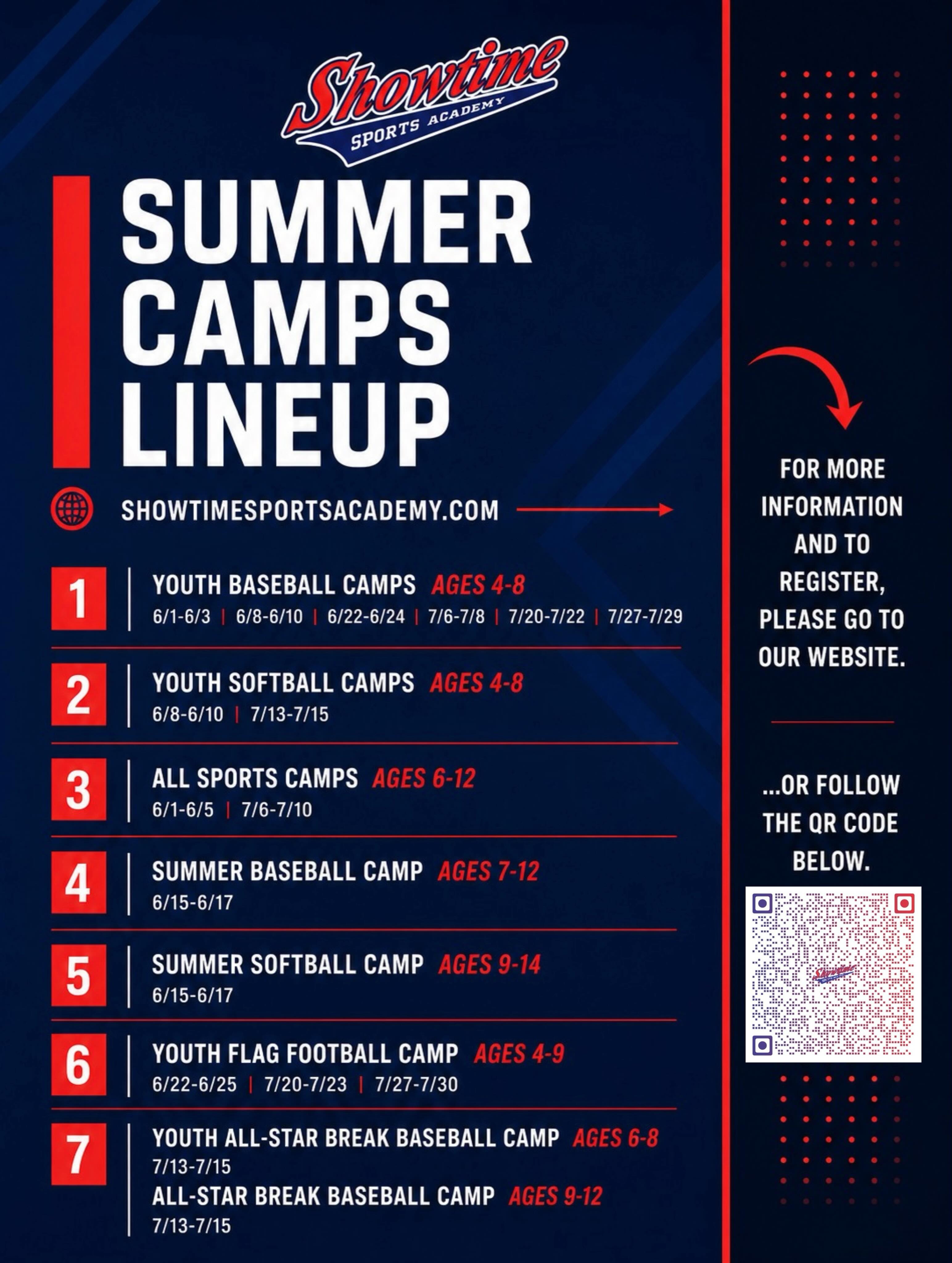 Showtime Summer camps are right around the corner…Have you reserved your spot yet? Check out all of our variety of camps from baseball, to softball, to our popular All Sports Camp! Plenty of dates and opportunities to sign up, learn skills, and have a blast all summer long! Go to showtimesportsacademy.com for all of the dates, times, and details…