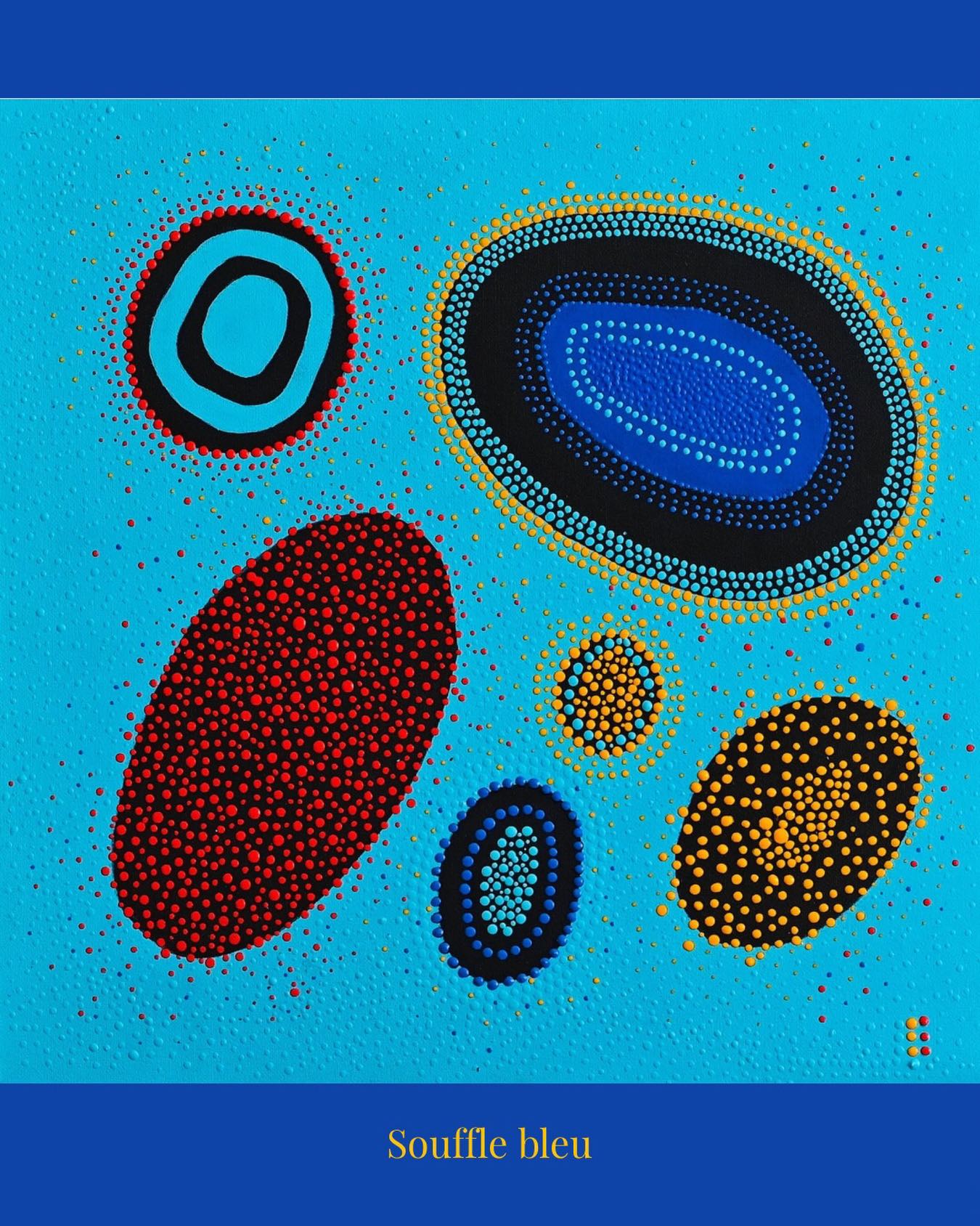 « Souffle bleu « : un voyage dans la respiration, la sérénité et le mouvement. Chaque point, chaque cercle, une pulsation de vie! #artcontemporainfrançais #artabstract #pointillism #iliosgreekrestaurant #f.suzanne