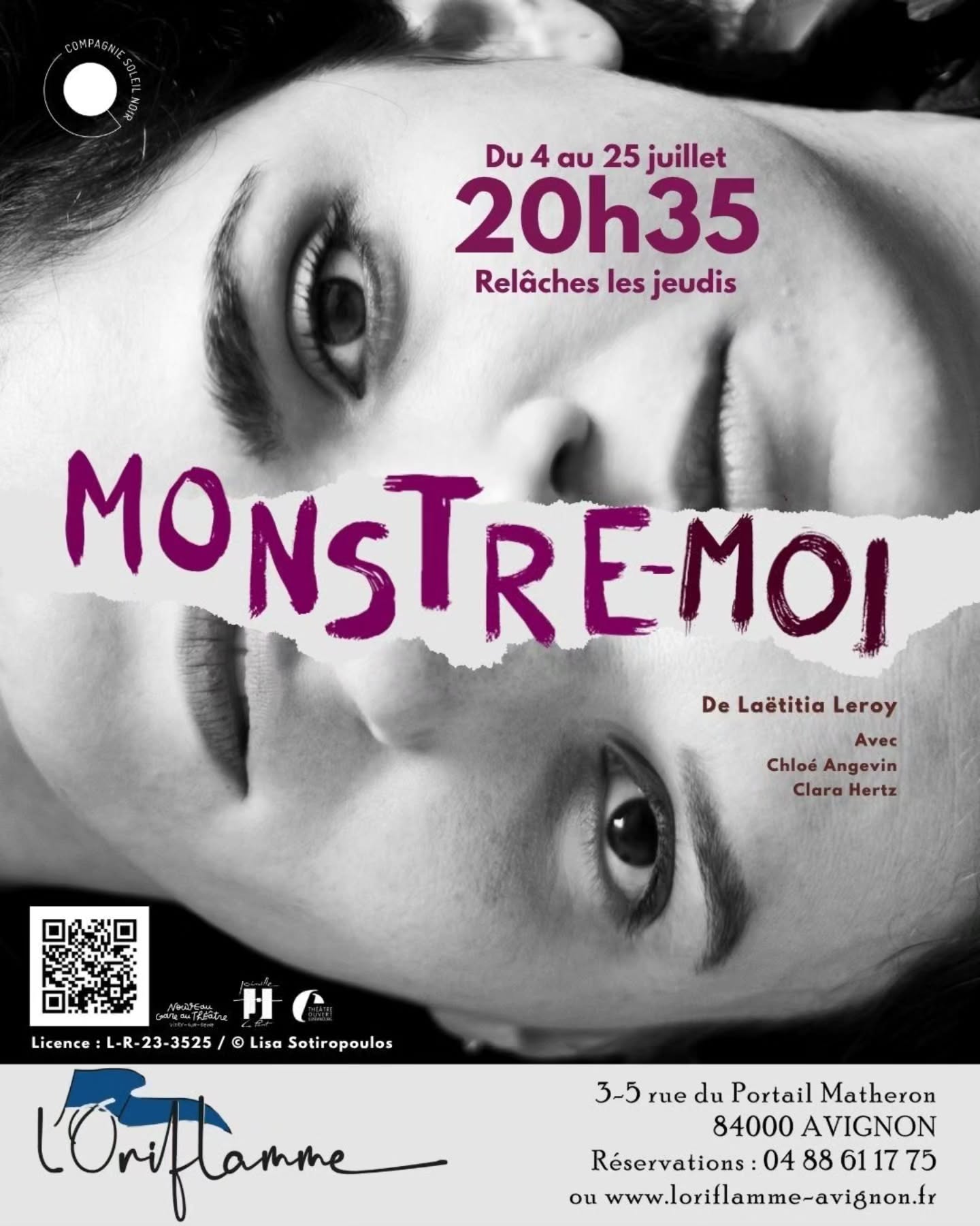 🎭Elle est là et vous la verrez partout dans Avignon en juillet 😏 L'affiche du thriller MONSTRE-MOI 🎉
Du 4 au 25 juillet au Théâtre de l'Oriflamme à 20h35 relâche les jeudis🔥
Lien de la billetterie dans la bio (déjà ouverte donc n'hésitez pas à assurer vos places...)
Écrit et mis en scène par Laëtitia Leroy
Avec Chloé Angevin et Clara Hertz
Création lumière : Jacques Lainé
Création musicale : Alexis Vanderhaegen
📷 @tonportrait_bis