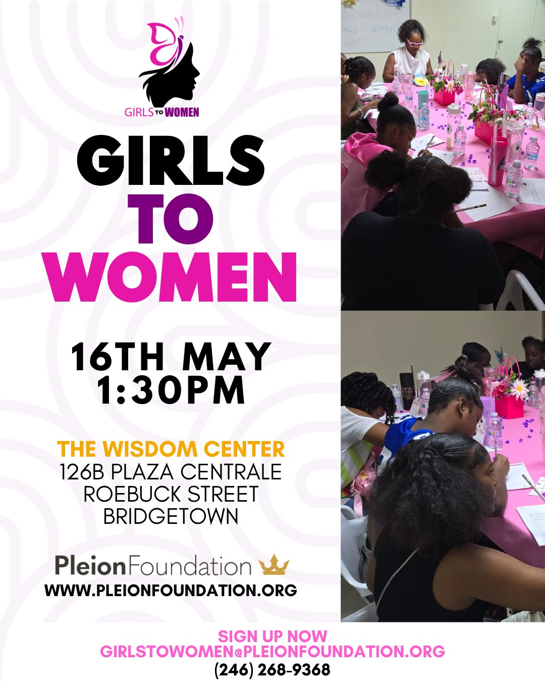 Girls, your Glow-up session is here!
The Girls to Women program is here again & happening Saturday 16th May at 1:30 PM
A beautiful, empowering afternoon designed just for you!
Come step into your confidence, sisterhood, wisdom, and everything it means to blossom into the incredible woman you’re becoming.
The Wisdom Center
126B Plaza Centrale, Roebuck Street, Bridgetown
Spots are limited, queens!
Sign up now: GIRLSTOWOMEN@PLEIONFOUNDATION.ORG or call (246) 268-9368 Tag your besties, your little sisters, and every girl who needs this! Let’s make this day unforgettable
#GirlsToWomen #GlowUpQueens #SisterhoodRising #PleionFoundation