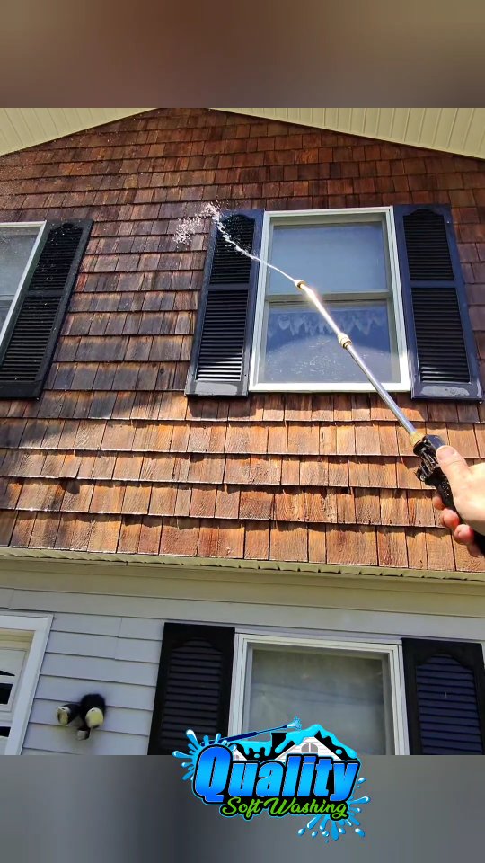 Check out this cedar siding that we restored yesterday. Does your house need to be professionally washed? Call or text us today at 401-903-9274 for a free quote.
#qualitysoftwashing #pressurewashing #northsmithfield #housewash