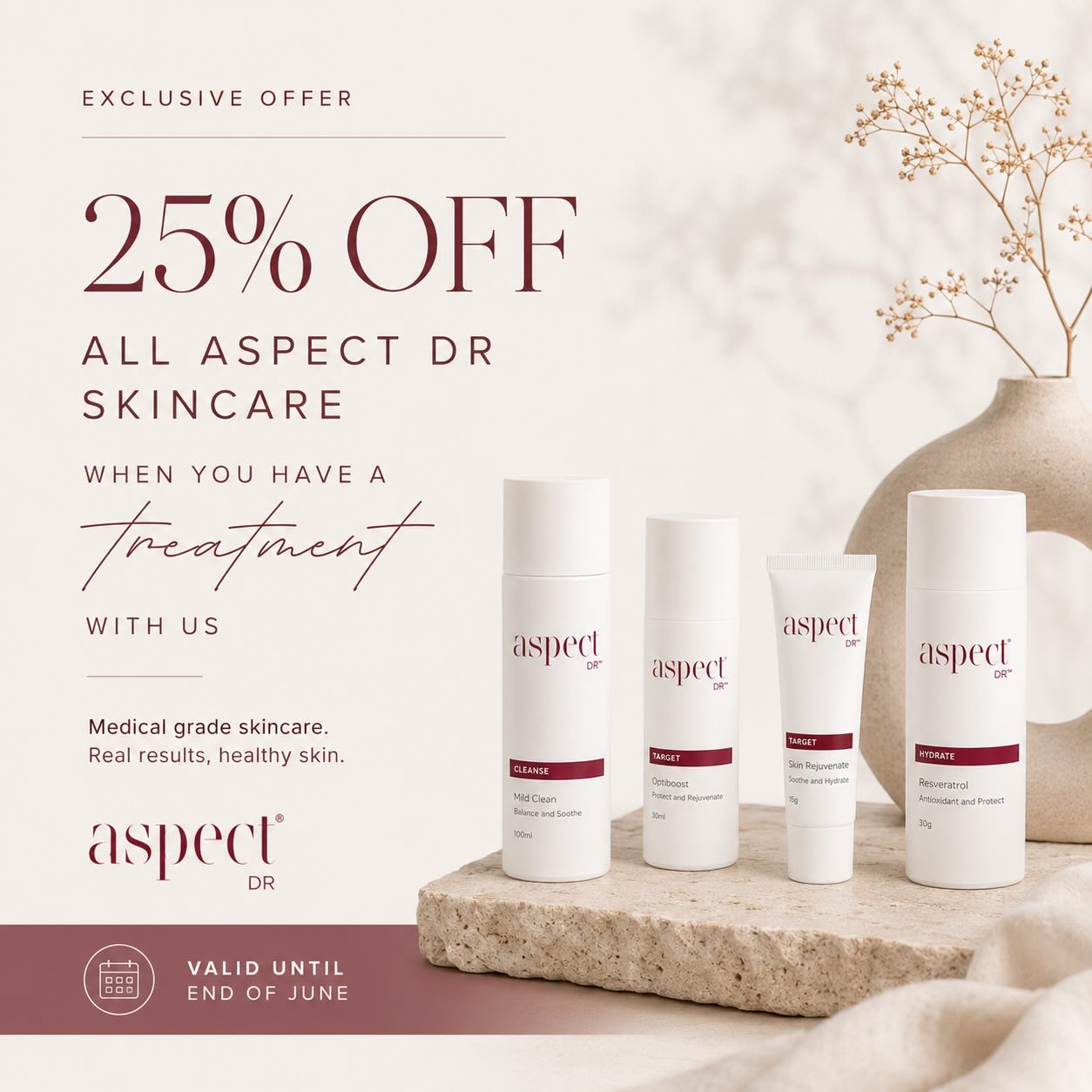 Because we want… No! We NEED you to be practicing good home care post treatments, we are offering 25% off our entire Aspect Dr skin care range for anyone who has a treatment with us until the end of June. Whether that’s a skin treatment with Suzy or Cosmetic Nurse treatment, you get this deal!
Start taking really good care of your skin as winter kicks in and thank us later.
**Only for bookings scheduled before 30th June**
#aspectdrskincare #aspectskin #medicalgradeskincare #skinclinicbulimba #cosmeticnursebulimba