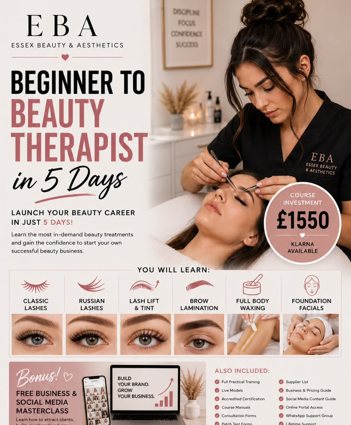 FROM COMPLETE BEGINNER TO BEAUTY THERAPIST IN JUST 5 DAYS
Ready to finally start your career in beauty?
Our intensive 5 Day Beauty Therapist Course is designed for complete beginners wanting to learn the treatments clients book every single month.
You’ll learn:
• Classic Lash Extensions
• Russian Lash Extensions
• Lash Lift & Tint
• Brow Lamination
• Full Body Waxing
• Foundation Facials
PLUS receive a FREE Business & Social Media Masterclass to help you attract clients and grow your beauty business
✔ No experience needed
✔ Live practical training
✔ Fully accredited certification
✔ Payment plans available
✔ Klarna available
✔ Lifetime support
Course Investment: £1550
Limited spaces available.
📧 info@essexbeautyandaesthetics.co.uk
📍 Basildon, Essex
#essexlashes #essextrainingacademy #essexbrowlamination #essexbeauty#basildonlashes#basildonlashlift#essexfacial#basildontrainingacademy