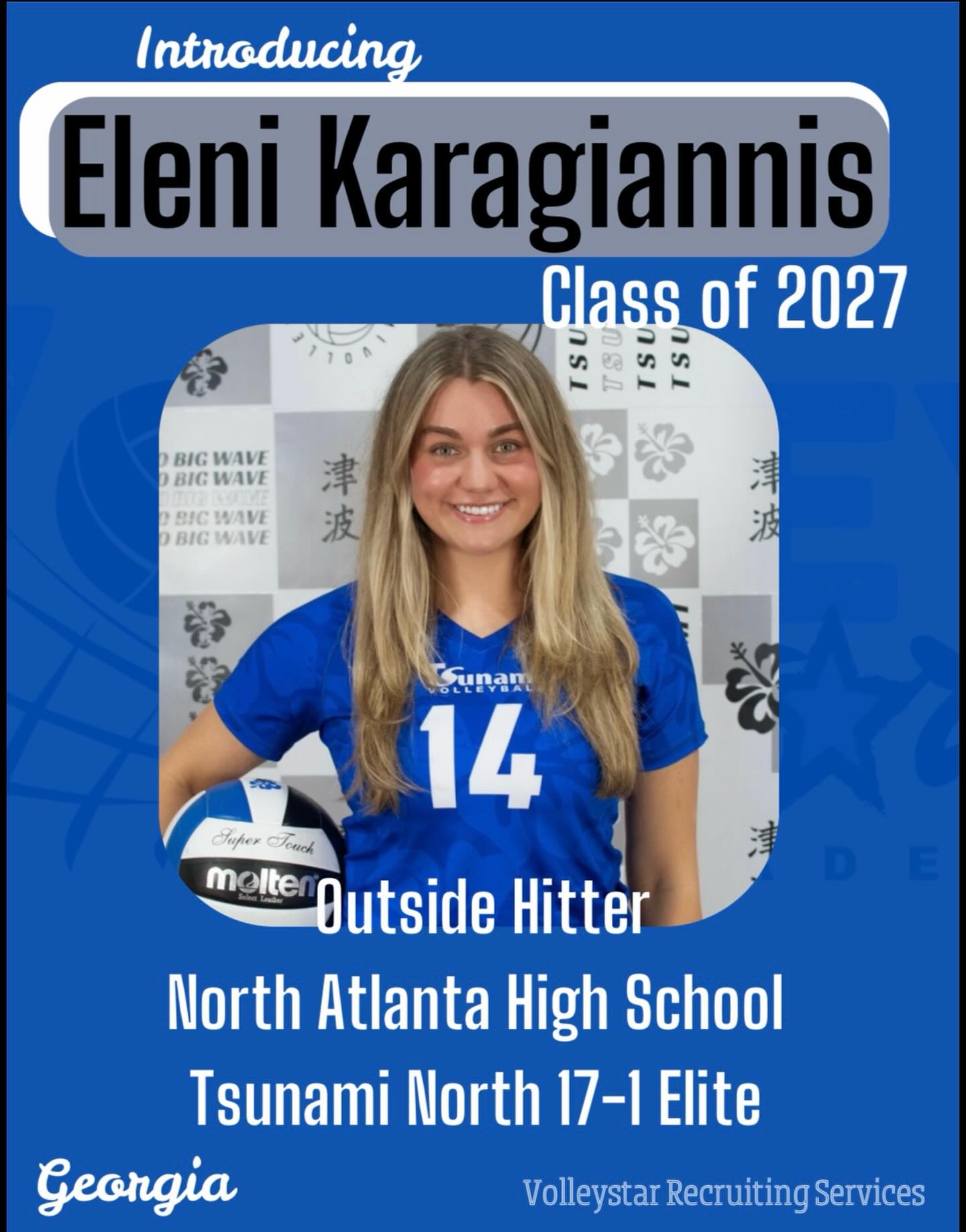 ✨INTRODUCING ELENI KARAGIANNIS✨
Eleni is a Class of 2027 Outside Hitter that is a true 6 rotation outside. Her ball control and passing are huge assets in her game, making her versatile in her position as an outside that’s a strong passer. Offensively, she is a consistent hitter with a wide range of shots that is able to find a way to score.
Eleni plays club for Tsunami North 17-1 Elite, and attends North Atlanta High School. In the classroom, Eleni is an impressive student as a member of National Honor Society and a 4.6 Weighted GPA.
We are so excited to get to work with Eleni in her recruiting journey!
Eleni is an athlete that has an impressive amount of academic and athletic accolades:
✨ GHSA All-Region Honorable Mention
✨Team Captain from 12 - 17s
✨4.6 Weighted GPA
✨Defensive Player of the Year for the 2024-2025 season, and the 2025-2026
✨National Honors Society Member
✨Part of the International Diploma Program