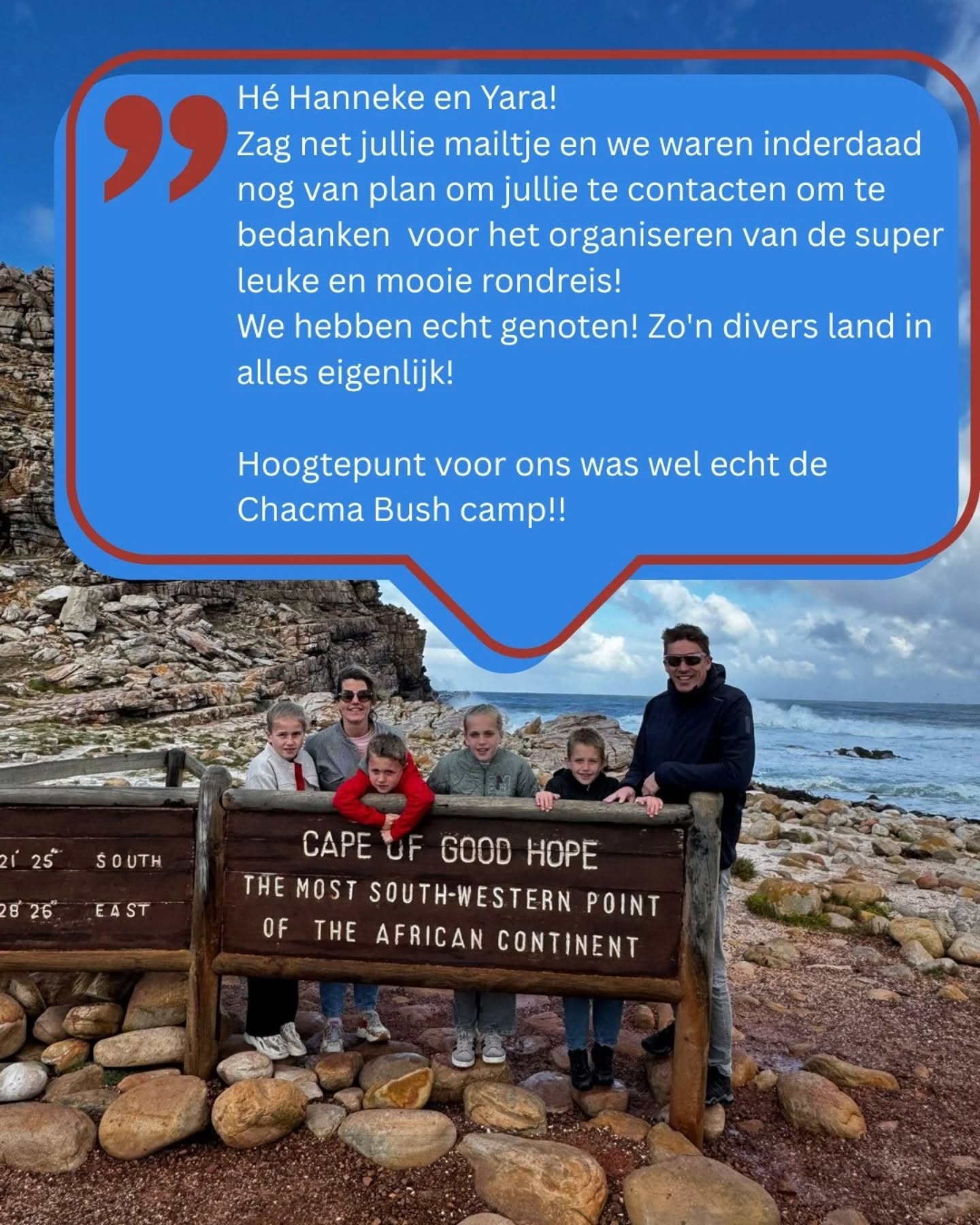 Met twee weken meivakantie hebben we de afgelopen tijd veel gezinnen in het land gehad.
Zulke reacties verwarmen ons hart nog steeds. Het blijft bijzonder om een aandeel te hebben gehad in een onvergetlijke vakantie.