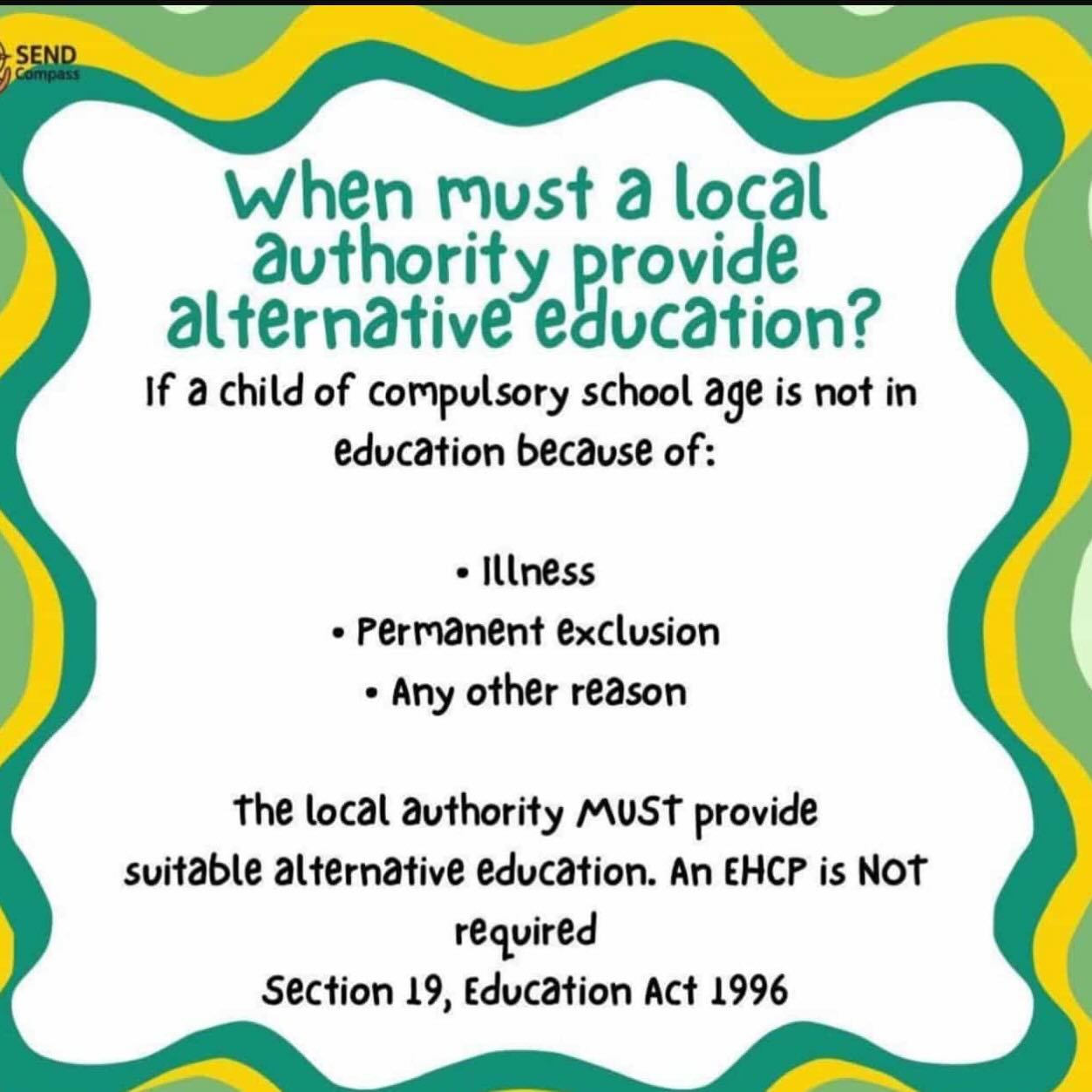 Every child deserves access to education no matter the circumstances. 📚✨
If a child of compulsory school age is out of education due to illness, exclusion, or any other reason, local authorities have a legal duty to step in and provide suitable alternative education. No EHCP required.
Know the rights. Advocate for every child. 💚