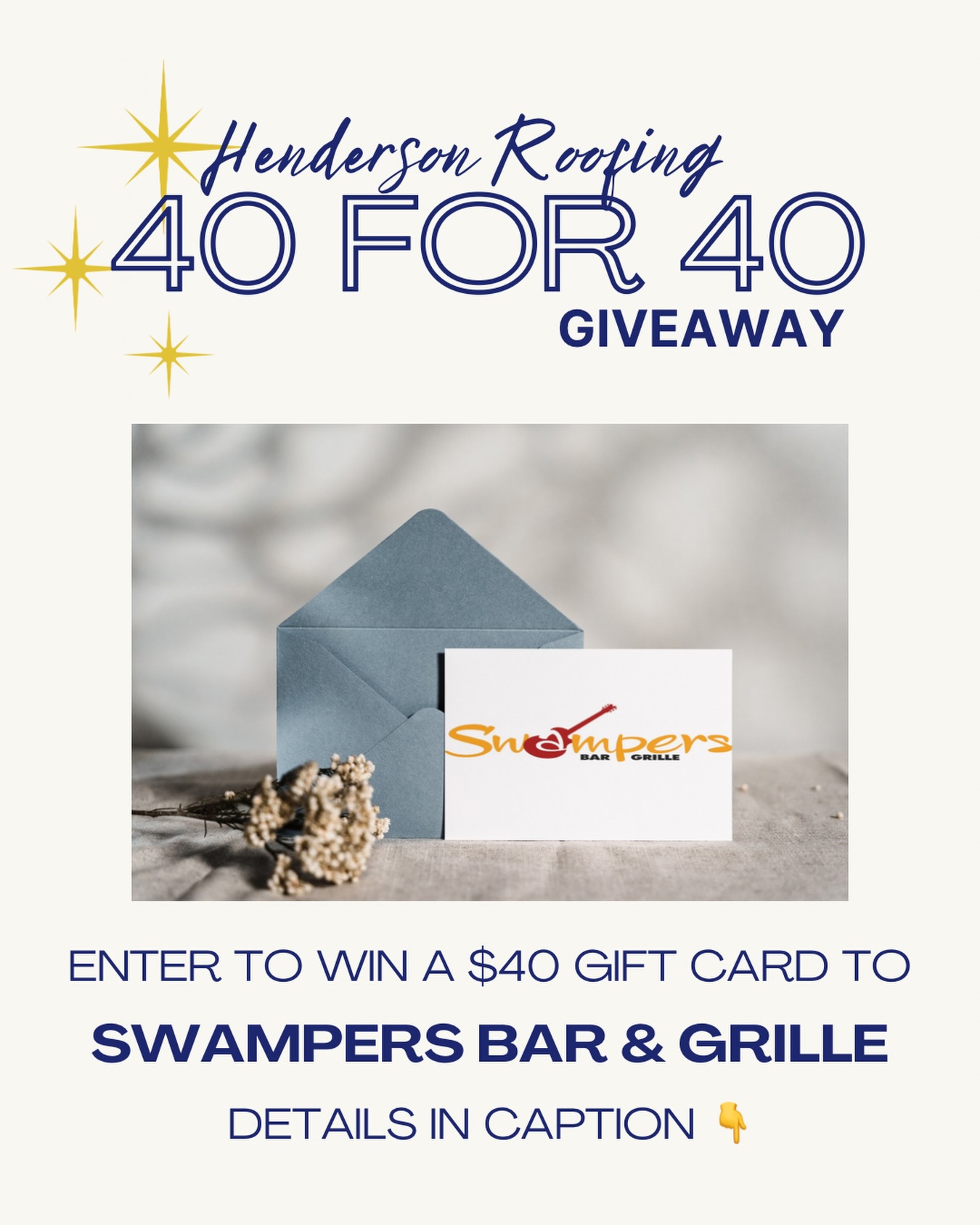 🎉40 FOR 40 GIVEAWAY🎉
Win a $40 gift card to Swampers Bar and Grille!
How to enter:
1. Follow @hendersonroofing
2. Like this post
3. Tag a friend in the comments
4. Share this post
Winner will be announced on 6/21 from this page. Dont forget to hop over to our Facebook account and enter there too for an extra chance! 👀