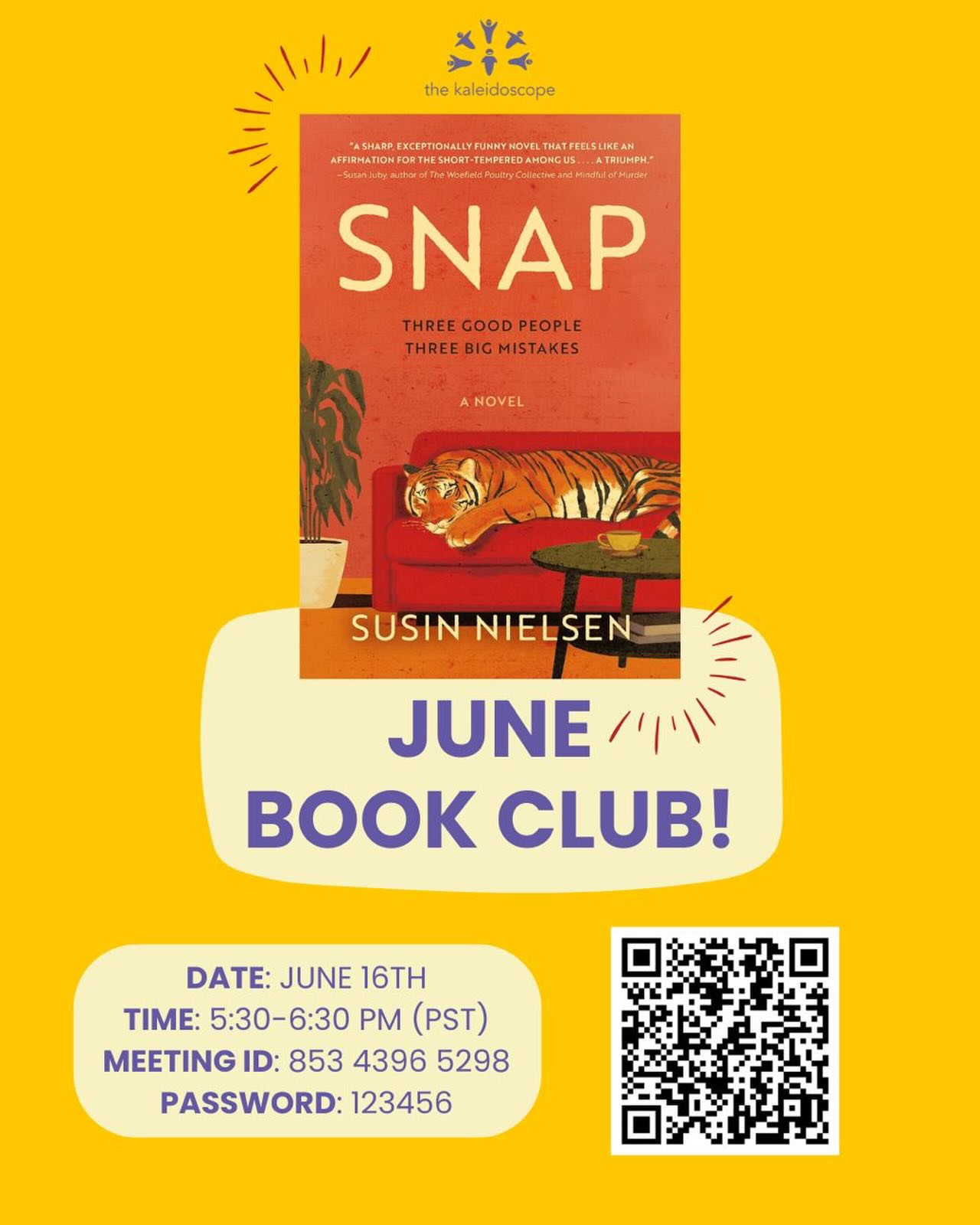 📚 Come join us for our June book club, where we will discuss “Snap” by Susan Nielsen.
“Frances Partridge, fifty-five, is a beloved children’s author. Geraint Blevins, forty-one, is an auto mechanic and devoted family man. Parker Poplawski, twenty-three, is just starting her career as a wardrobe assistant on a hit TV show. What do these people have in common?
Nothing, that’s what. Until each of them reaches a breaking point and snaps in spectacular fashion. They meet in a court-mandated anger management three very different people, forced to spend a lot of time together, who slowly end up bonding and helping one another in unexpected ways, whether it’s to move on or to exact revenge.
Lighthearted, timely, and funny, Snap is Nielsen at the top of her storytelling game, delivering flawed but relatable characters whose heartaches, foibles, and choices will make you cringe as you laugh out loud.”
We hope to see you there!
#BookOfTheMonth #MonthlyReads #BookClub #JuneReads #Snap