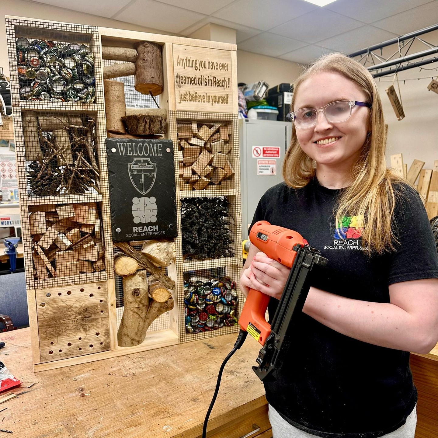 Last week was a challenging, but incredibly productive and enjoyable week for our team! 🙌
From pop-up shops to a trip to London, there has been so much going on. The guys have also received new orders and have been getting involved in a variety of exciting projects. We even managed to produce what must be the largest bug hotel known to mankind! 🐞🏨
Please remember — all items you see are available to purchase and can be fully personalised to suit your occasion or needs.
We are not about making huge profits; it’s about showcasing what our team can achieve with the skills we have. Every item is made to a very high standard and priced fairly.
✨ What we can offer:
• Personalised mugs
• Embroidery
• Laser engraving
• Printed T-shirts
• Woodwork
• Upcycling projects
📞 Please contact us to discuss your ideas or place an order:
02381 10 20 75