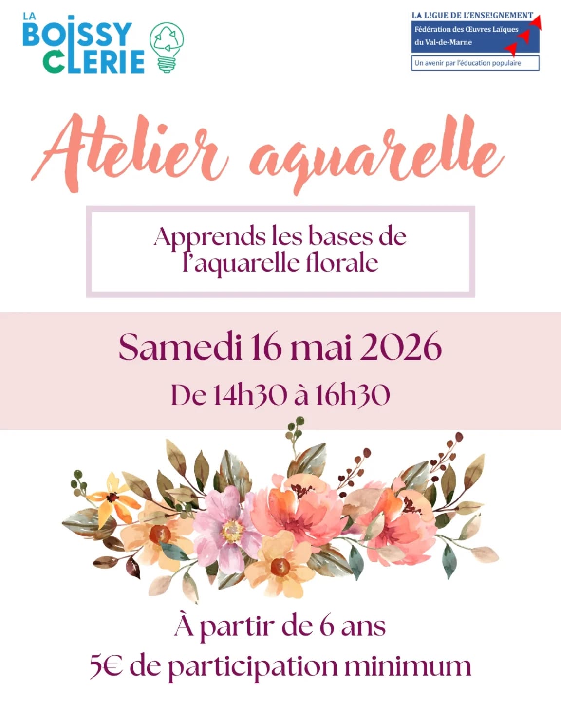 Venez vous initier à l'aquarelle florale pendant 2 heures et repartez avec votre œuvre 💐
Cet atelier est ouvert aux enfants à partir de 6 ans qui pourront réaliser leur propre carte pour la fête des mères !
Une participation habituelle de 5€ minimum est demandée pour soutenir notre association. Votre soutien nous permettra de continuer à proposer des ateliers accessibles à tous et à toutes 🩷
Vous pouvez dès à présent vous inscrire sur Hello Asso !