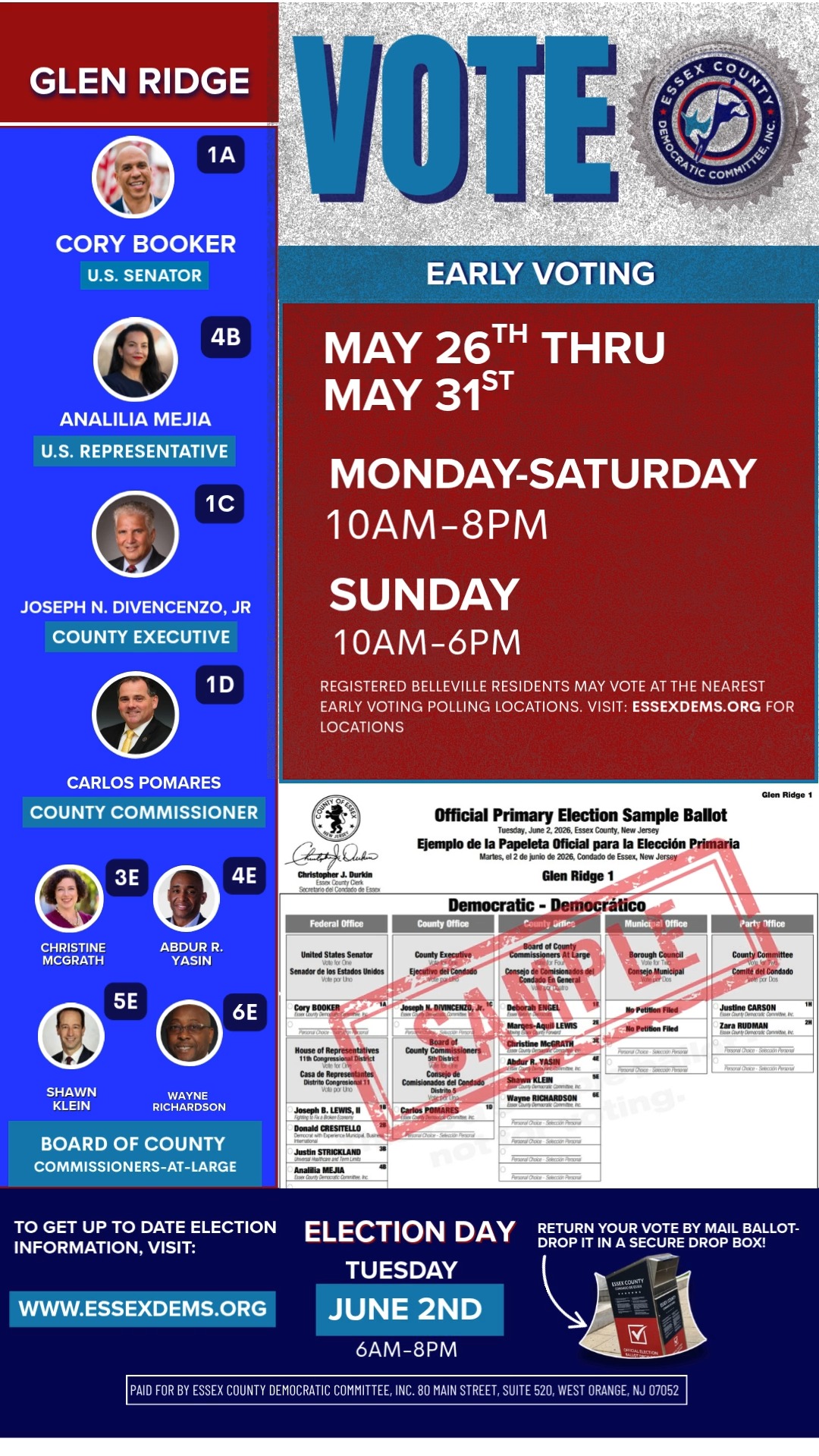 GLEN RIDGE, The Ballots are out!
If you have your vote-by-mail ballot. Don't delay, sign it, seal it, and drop it in the nearest secure drop box. Be the first to cast your vote for the June 2nd Primary.
Drop a 👍 below if you returned your ballot. Tag a friend if they need a reminder.
Vote for:
Senator Cory Booker, U.S. Senate, 1A
Analilia Mejia, U.S. Representative, 4B
Essex County Executive Joseph N. DiVincenzo, Jr., 1C
Carlos Pomares, Essex County Commissioners, 1D
Christine McGrath for Essex County Commissioner At-Large, 3E
Abdur R. Yasin, County Commissioner-At-Large, 4E
Shawn Klein, County Commissioner-At-Large, 5E
Wayne L. Richardson, County Commissioner-At-Large, 6E
And all County Committee Leaders
#VoteByMail #essexdemsendorsed #VoteNow #nj2026elections