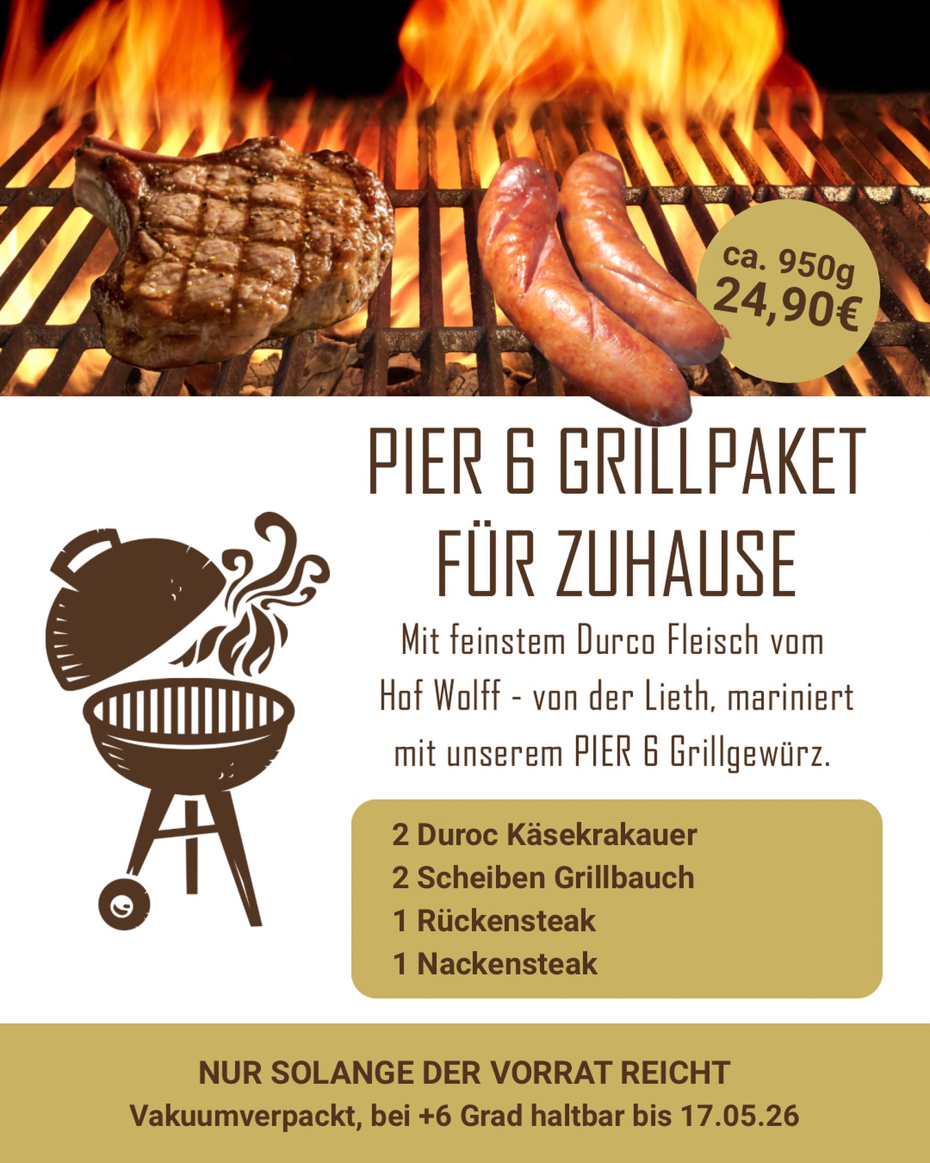 Mit der Sonne kommt auch der Grill raus. Deshalb gibt es ab sofort wieder unser PIER 6 Grillpaket für zuhause mit bestem Duroc Fleisch unseres Partners @hofwvdlieth aus Elmlohe.
#pier6 #grillen #duroc