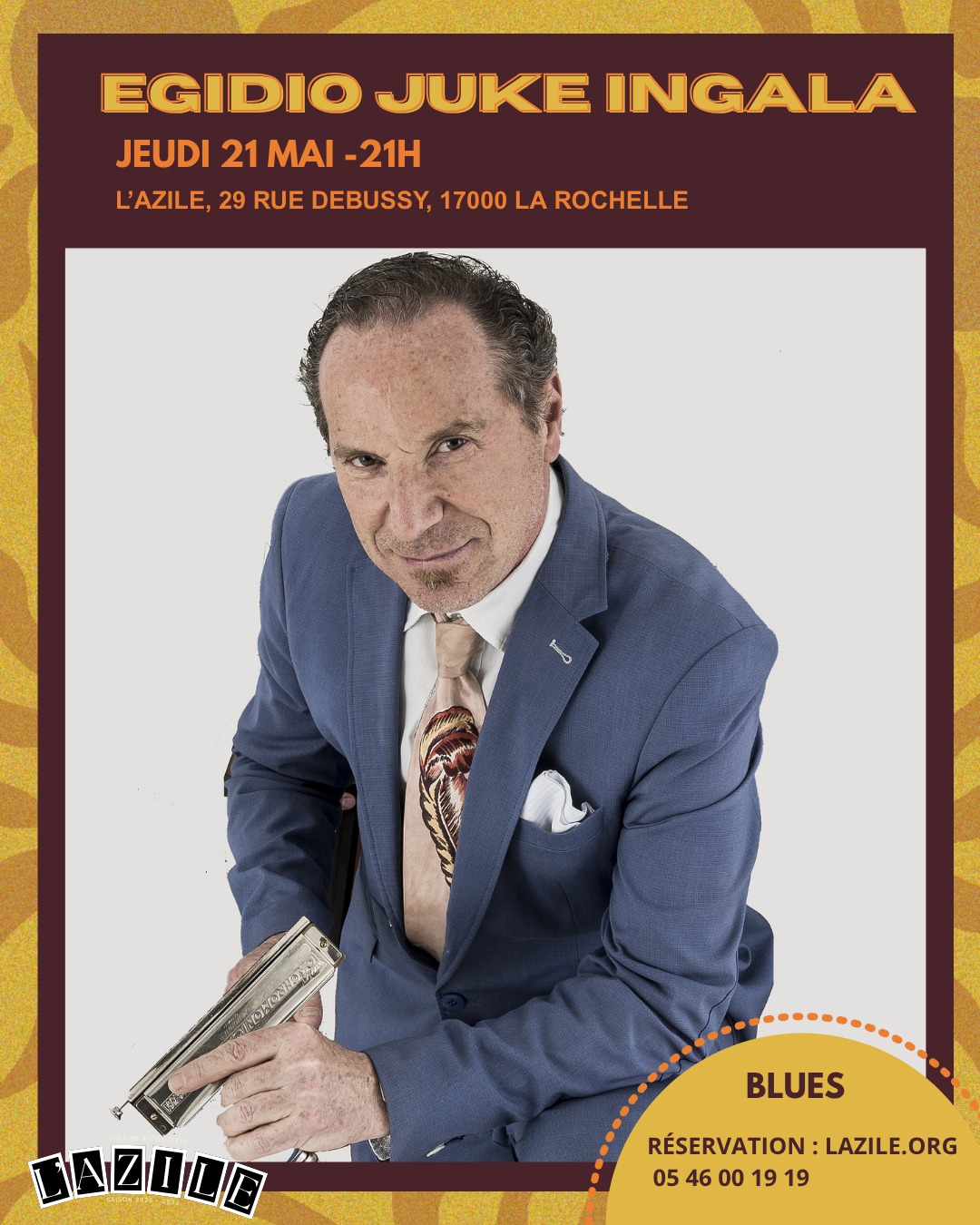 🎶🔥 CHICAGO BLUES À L’AZILE 🔥🎶
Le jeudi 21 mai à 21h, préparez-vous à une soirée blues explosive avec Egidio Juke Ingala & The Jacknives à L'Azile Café Théâtre !
Référence du blues italien, Egidio Juke Ingala est considéré comme l’un des meilleurs représentants européens du jump blues. Inspiré par Little Walter et George Harmonica Smith, il impose un style rétro, énergique et terriblement groovy où l’harmonica devient la véritable star du show 🎷⚡
✨ Une ambiance west-coast & Chicago blues
✨ Un concert vibrant et généreux
✨ Du groove, du swing et une sacrée dose d’énergie !
📅 Jeudi 21 mai
🕘 21h00
📍 L’Azile – La Rochelle
🎟️ Réservez vite vos places :
Billetterie L’Azile
#Blues #ChicagoBlues #JumpBlues #ConcertLaRochelle #LAzile #EgidioJukeIngala #LiveMusic #LaRochelle #BluesMusic #ConcertLive