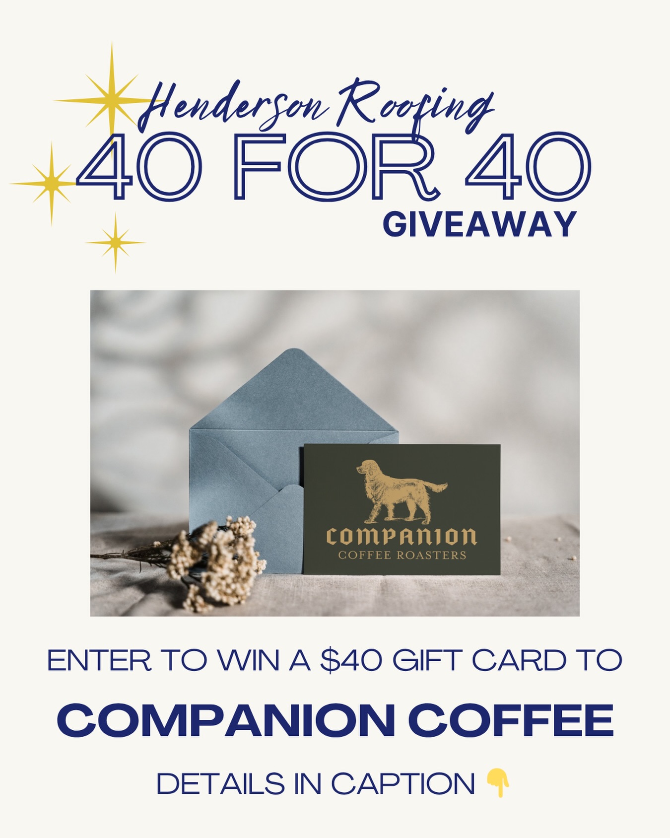 🎉40 FOR 40 GIVEAWAY🎉
Win a $40 gift card to the Companion Coffee!
How to enter:
1. Follow @hendersonroofing
2. Like this post
3. Tag a friend in the comments
4. Share this post
Winner will be announced on 6/19 from this page. Dont forget to hop over to our Facebook account and enter there too for an extra chance! 👀