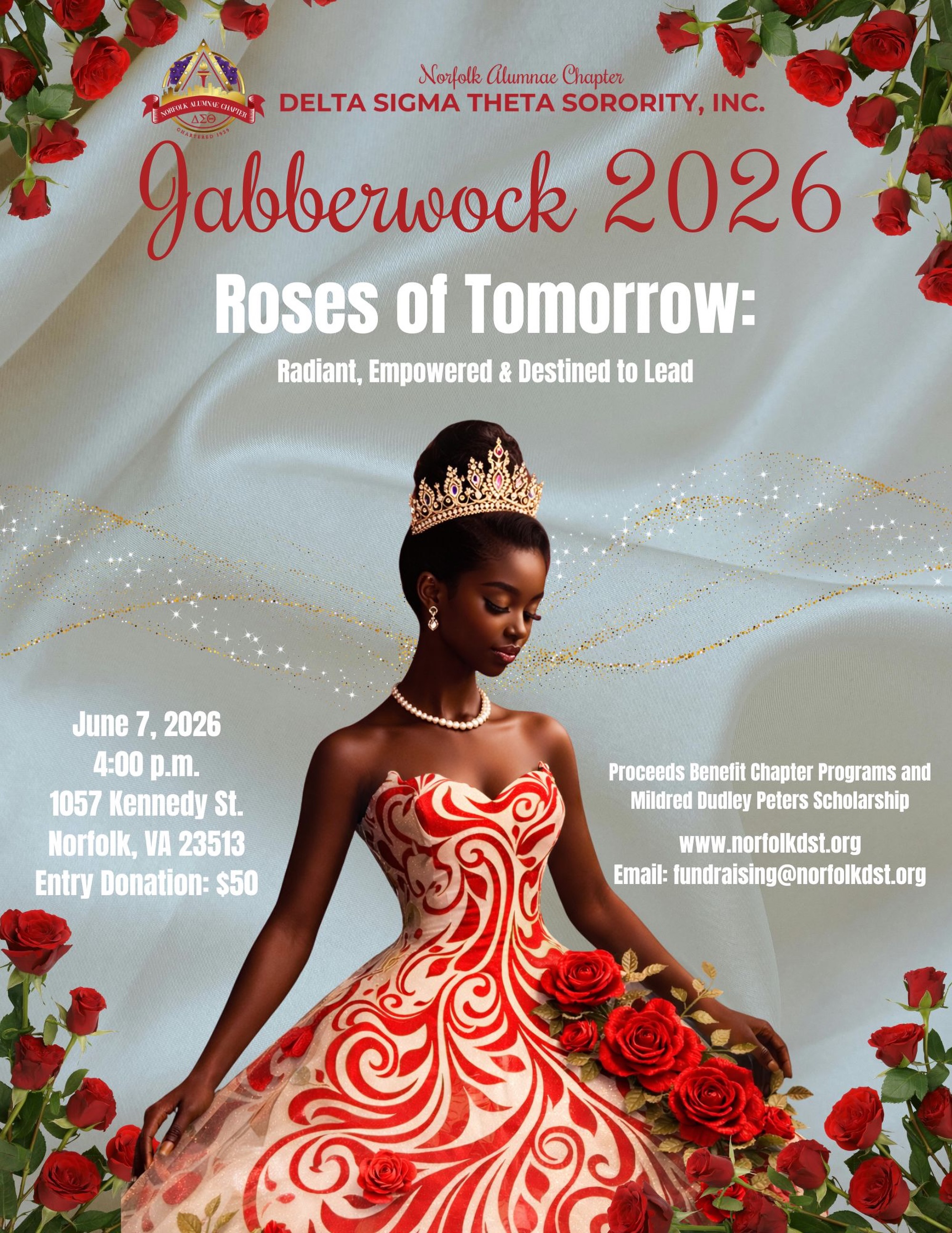 🌹 Roses of Tomorrow Are Blooming! 🌹
Support our amazing young ladies as they take the stage at the 2026 Miss Jabberwock Program Pageant — a celebration of grace, confidence, and blossoming leadership.
✨ Souvenir Journal ads, sponsorships & patron listings deadline EXTENDED!
🗓️ Now through Wednesday, May 20, 2026
🎟️ Tickets are on sale now and available until sold out!
Your support helps fund chapter programs and scholarships while uplifting our future leaders.
👉 Purchase Tickets:
https://www.norfolkdst.org/event-details/jabberwock-2026-roses-of-tomorrow-growing-grace-building-confidence-blossoming-leaders
👉 Submit Ads & Sponsorships:
https://form.jotform.com/NACTechnology/JabberwockSouvenir2026
Join us as we celebrate our Roses of Tomorrow! 🌸✨
#MissJabberwock2026 | #RosesOfTomorrow |
#GrowingGrace | #NACDST1929