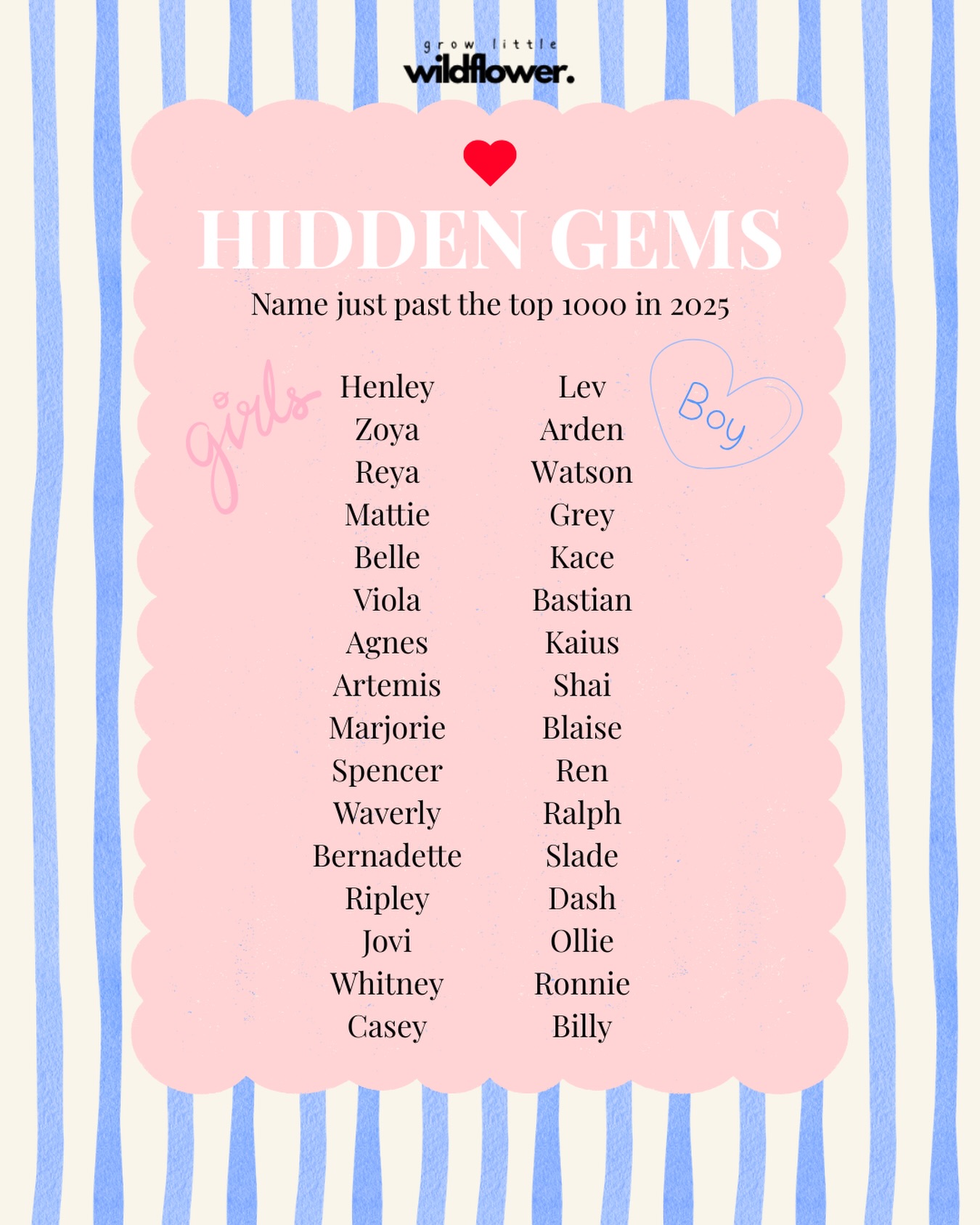 It’s the hidden gems I’m always looking for 👀 and that SO many parents are seeking too 🥹
The quiet names. The names that aren’t everywhere but still somehow feel so wonderfully familiar! 💫🍃
Here is a sweet selection of names that didn’t quite make the cut into the top 1000 (U.S 2025 Name Data via SSA) but really deserve the love! ❤️
Spencer for a girl is ❤️🔥 and I adore Waverly, Agnes, Belle and Mattie!! On the boys side I’ve always loved Dash and Billy…Grey and Shai! 🔥
#growlittlewildflower