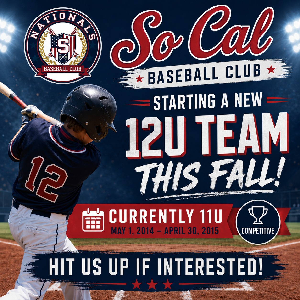 The So Cal Nationals are growing! 🦅⚾️
We are officially launching a new 12U team this fall and we’re looking for dedicated players to join the family. If you have a ballplayer born between May 1, 2014, and April 30, 2015, who is ready to compete at a high level, we want to hear from you!
Don't miss the chance to develop your skills with a competitive organization.
🔥 Want to join us? DM us today to schedule a tryout or join a practice session!
#SoCalNationals #TravelBaseball #YouthBaseball #12UBaseball #SoCalBaseball #BaseballLife #NewTeam #Tryouts
