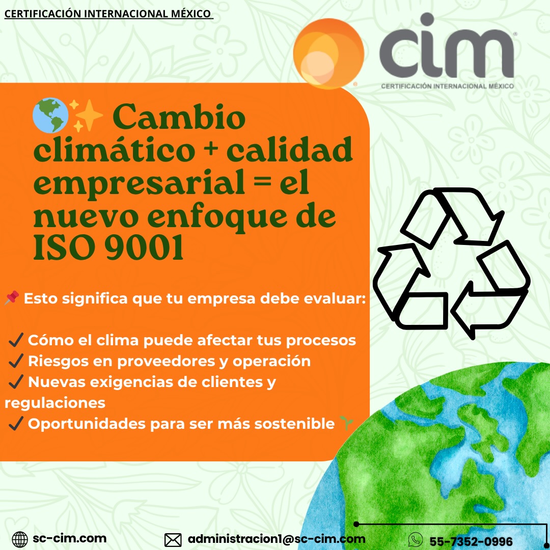 🌎✨ Cambio climático + calidad empresarial = el nuevo enfoque de ISO 9001
¿Sabías que la norma ISO 9001 ahora incluye el análisis del cambio climático dentro de las organizaciones?
💡 Hoy, la calidad no solo se mide en resultados…
también en la capacidad de adaptarse, prevenir riesgos y evolucionar.
🚀 Implementar correctamente ISO 9001 te ayuda a:
✔ Ser más competitivo
✔ Mejorar tus procesos
✔ Prepararte ante cambios globales
✔ Generar confianza en tus clientes
📩 ¡Contáctanos y lleva tu empresa a un siguiente nivel con certificaciones que realmente marcan la diferencia!
#MejoraContinua #cambioclimatico #ISO9001 #Certificaciones Ver menos
