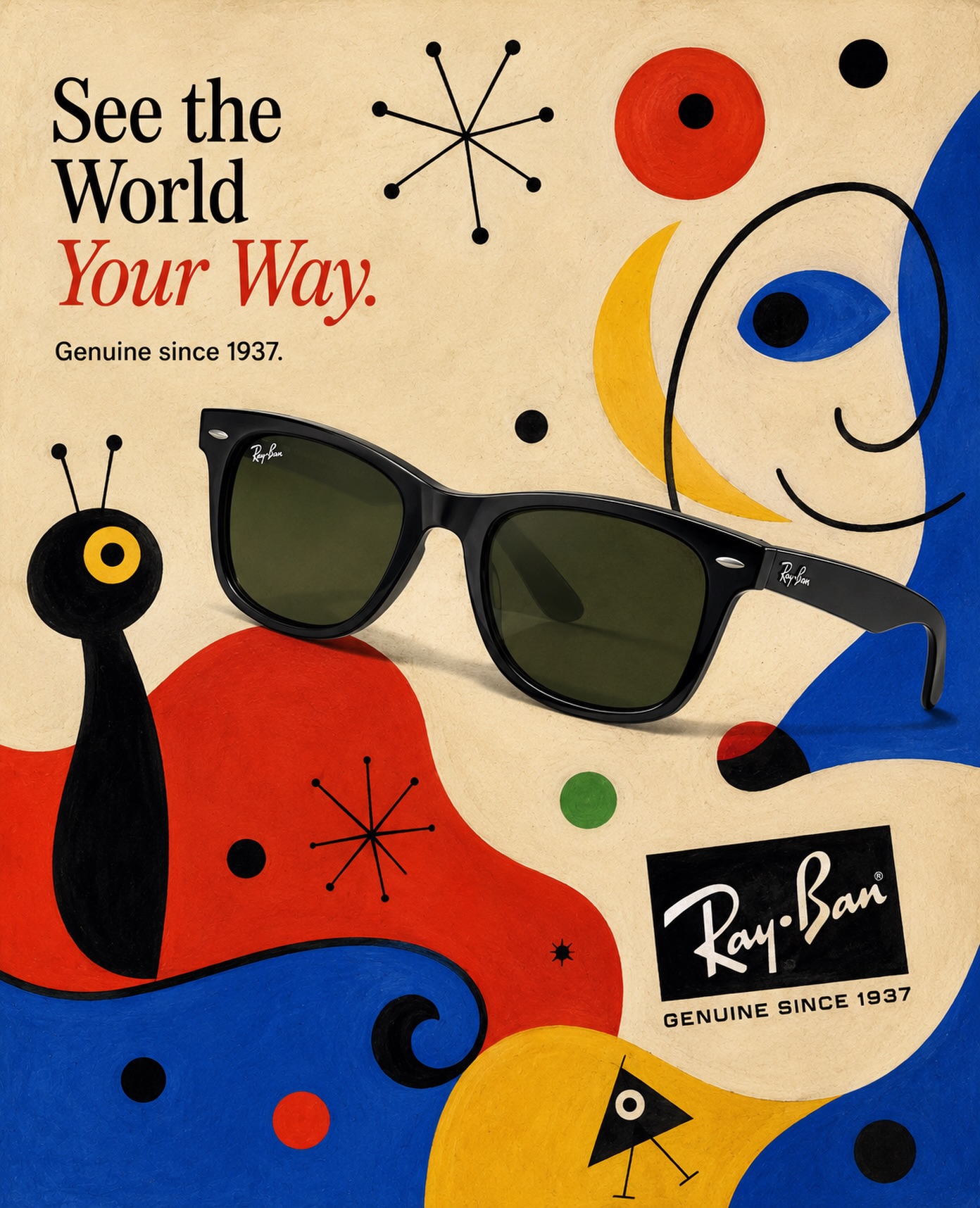 Art and advertising!â¨
Bold color. Surreal shapes. A little rebellion. A little luxury.
This Miro inspired Ray-Ban mock up piece channels the playful energy of modern art while celebrating timeless design that never goes out of style.
The best ads donât just sell something â they make you feel something. đ¨đśď¸
#ArtLovers #RayBanStyle #CreativeDesign #ModernArt #miroinspired