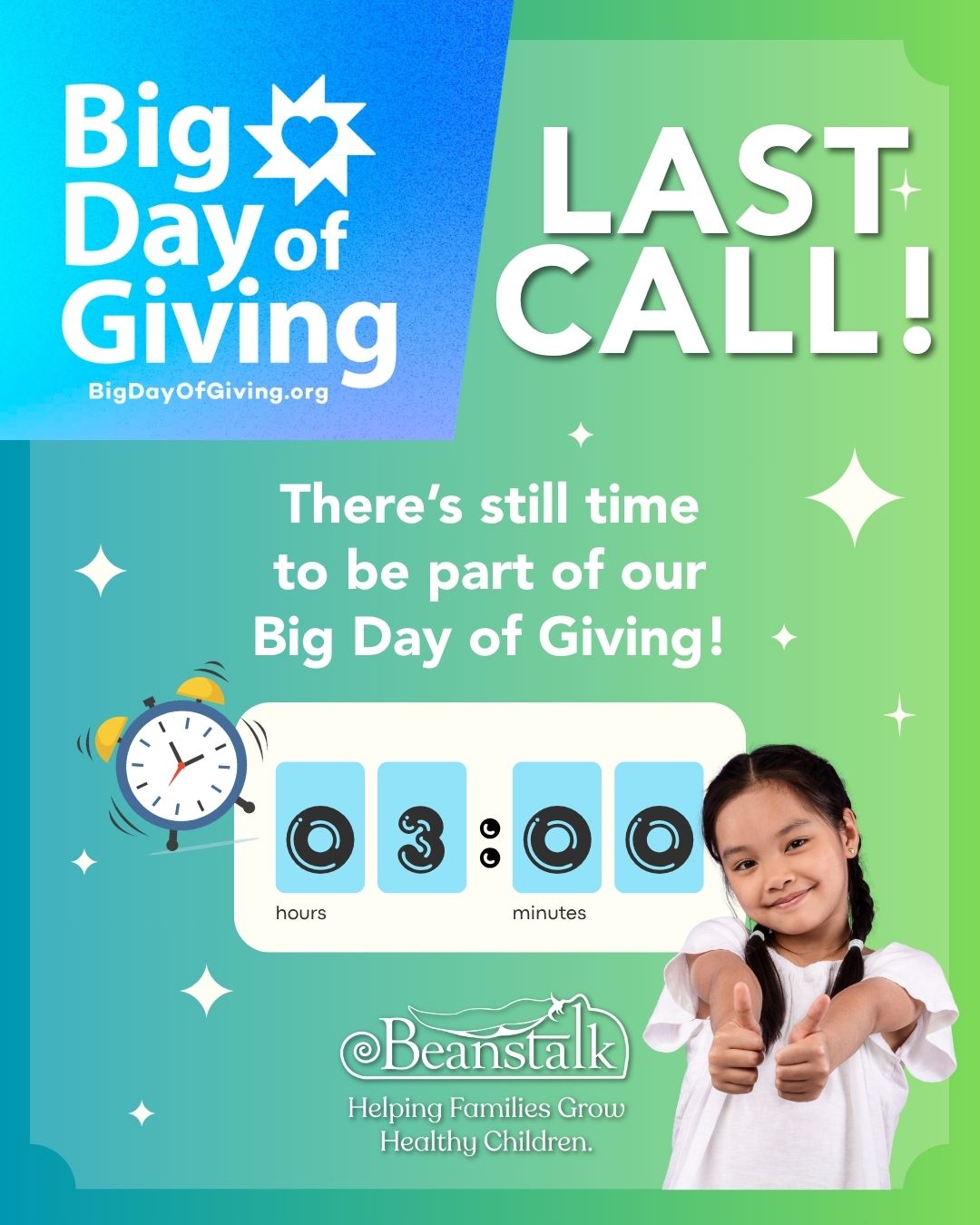 3 hours to go! Big Day of Giving is almost over. ⏳
Take part before the window closes!
bigdayofgiving.org/beanstalk
#Beanstalk #HelpingFamiliesGrowHealthyChildren #SacramentoFamilies #SacramentoNonprofit #BDOG #BDOG2026 #BigDayofGiving #preschool #toddler #ECE
