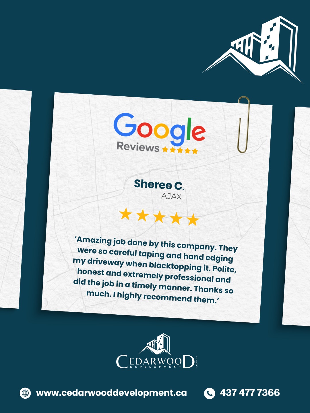 Another 5-star review and we love to see it 🙌
Driveway sealing done the right way — careful taping, clean hand edging, and a crew that's professional from start to finish.
No shortcuts. No mess. Just results.
Looking to get your driveway sealed this season? We're booking now across the GTA.
📲 437-477-7366 |
🌐 cedarwooddevelopment.ca
📧 info@cedarwooddevelopment.ca
#CedarwoodDevelopment #DrivewaySealing #AsphaltSealing #DrivewayMaintenance #GTAContractor #HomeImprovement #TorontoRenovations #Ajax #DurhamRegion #AjaxON #PickeringON #Whitby #5StarReview #GoogleReviews #TrustedContractor