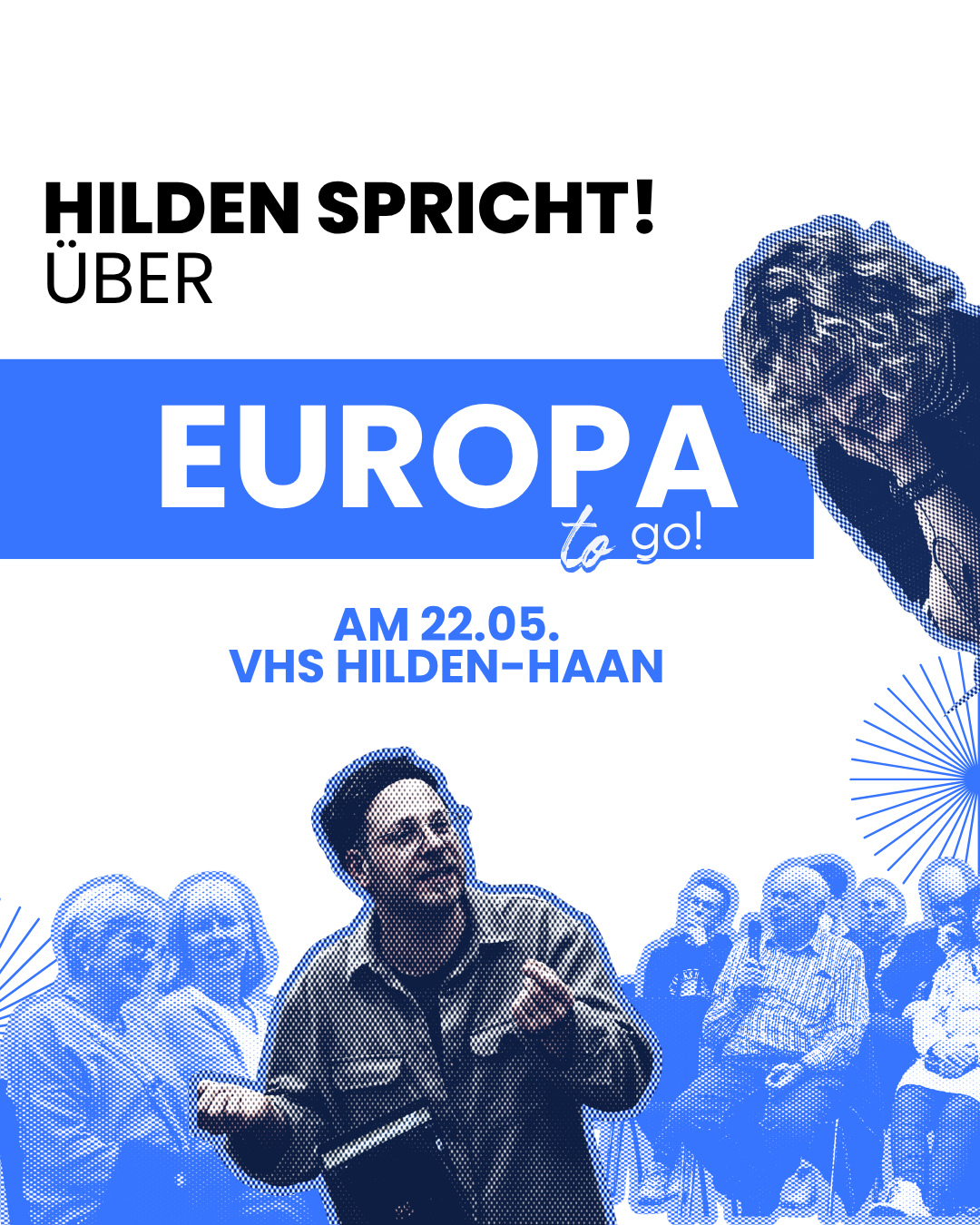 Hilden spricht wieder und diesmal geht’s um ein Thema, das unseren Alltag jeden Tag beeinflusst: Europa.
Ob bewusst oder unbewusst, Europa steckt in viel mehr, als man oft denkt und genau darüber sprechen wir bei Hilden spricht: Europa to go.
Egal, ob du schon tief im Thema bist oder bisher eher wenig Berührung damit hattest: Bei Hilden spricht ist Platz für dich. Freu dich auf einen Abend voller Kennenlernen, Austausch und viel Spaß in der @vhshildenhaan.
Melde dich jetzt kostenfrei über unsere Website an und sei am 22. Mai live dabei.
“Hilden spricht: Europa to go“ wird von der Landesinitiative Europa-Schecks des Ministers für Bundes- und Europaangelegenheiten, Internationales sowie Medien und Chef der Staatskanzlei des Landes Nordrhein-Westfalen unterstützt. Im Auftrag der Europaunion Haan und in Kooperation mit der VHS Hilden-Haan.