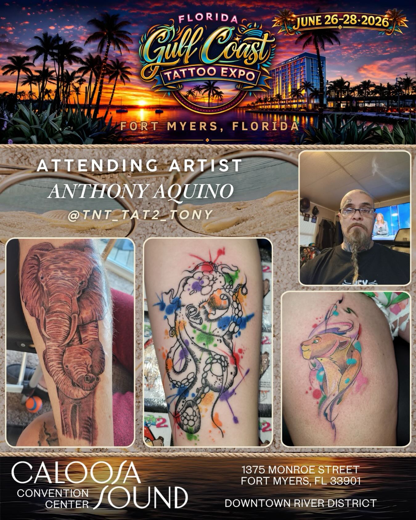 Please help us welcome @tnt_tat2_tony to the 2026 @floridagctattooexpo, to be held June 26-28 at the Caloosa Sound Convention Center in the Historic River District of Downtown Ft. Myers, Florida!
✉️ Please DM @tnt_tat2_tony for all inquiries about walk-ups and/or appts at the show!
🚨 Over 200 tattoo artists
🚨 Dozens of retail/art/merch & supply vendors
🚨 SWFL’s LARGEST TATTOO CONTEST… judged by Yallzee, Alwin Perez & TattooCasper
🚨 MC Joey Tattoo
🚨 Live music by Smack Daddy: and
🚨 Live sculpting and horror play by the famous Wayne Anderson Designs and his SWFL Haunted Attraction: Legends of Oblivion (hauntedswfl on IG)
🚨 Amazing Food & Libations
🏆🏆 We separate healed and fresh tattoo contests at this show! Healed categories are open!!! Like your piece? Enter it. Artists not tattooing at the show? Cool - send or bring your client!
Kids 12 and under are free, however parental discretion is advised due to language, risqué shows, and possible nudity.
🎟️ Tickets can be purchased on our website. Link in the bio.
⏰Hours: 11am-11pm Friday & Saturday 11am-7pm Sunday
🏨Also, if you would like to Stay & Play for a night or two, the Luminary has extended us an even better group rate starting at $189/night, which is a steal for this normally $350-$600 per night hotel! Reservations can only be made on our website www.floridagctattooexpo.com/hotel
#floridagctattooexpo #swfl #fortmyers #capecoral #tattooed