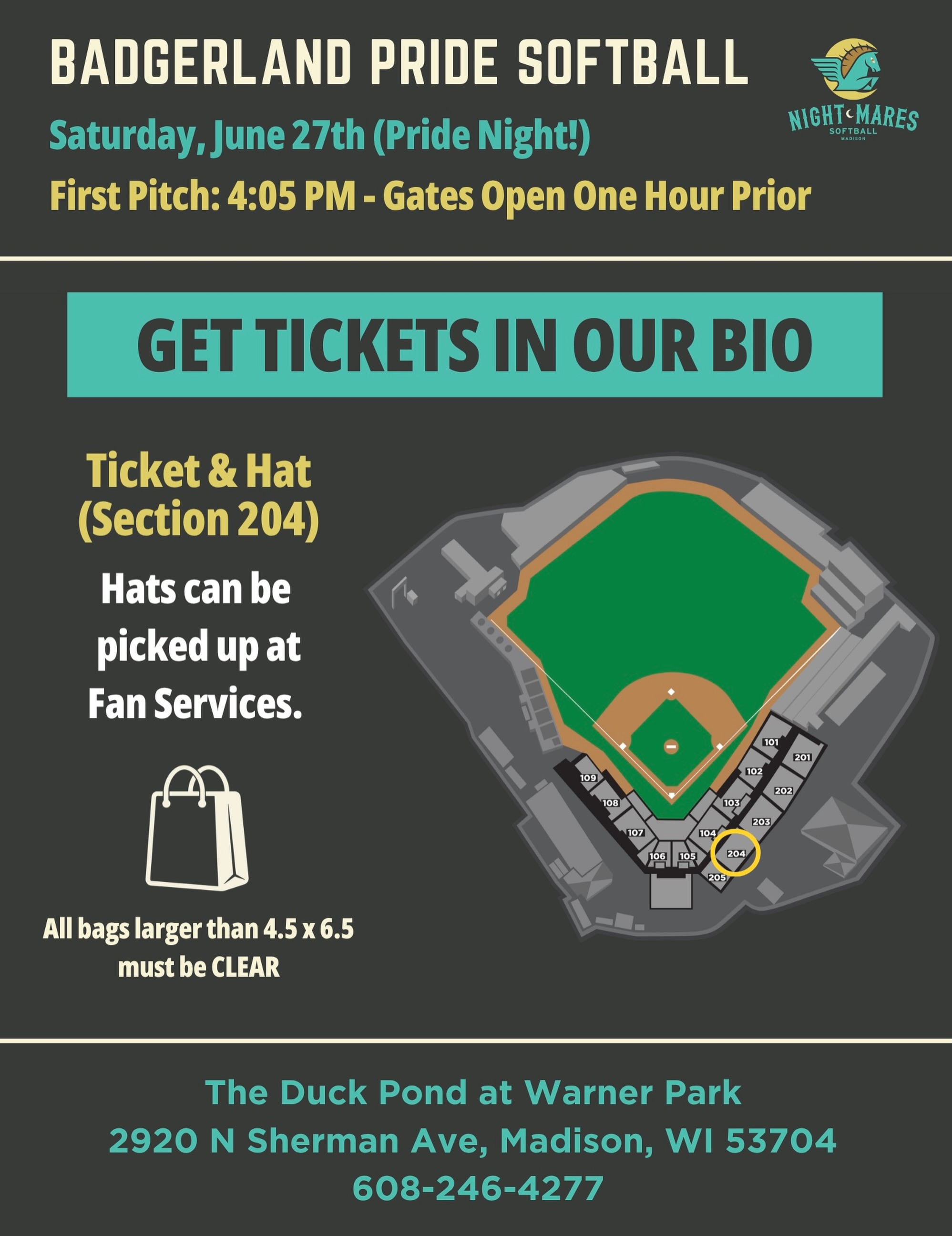 Get your tickets to the Madison Night Mares Pride Night on Saturday, June 27th @ 4:05pm! 🥎 We will be in section 204, and your ticket comes with a hat that can be picked up at fan services 🧢
🎟 Buy tickets at the link in our bio!
‼️ Reminder: any bags larger than 4.5 x 6.5 must be CLEAR