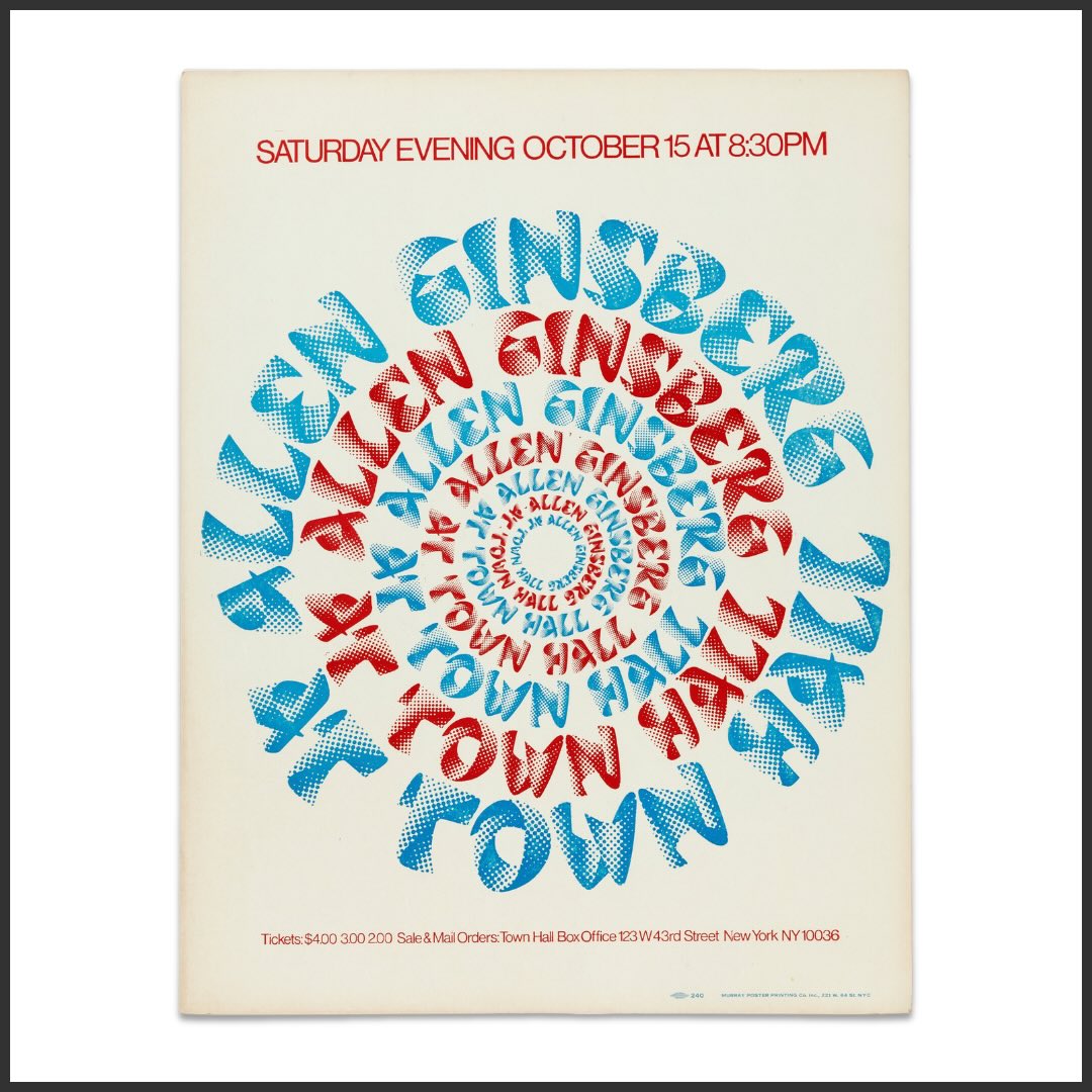 Allen Ginsberg — Town Hall, New York Concert Poster
New York City, October 15, 1966
An original concert window card advertising a performance by Beat poet Allen Ginsberg at Town Hall in New York City. Printed in bold red, white, and blue, the poster features a striking concentric typographic design characteristic of mid-1960s psychedelic graphics and countercultural visual culture.
Issued during a period when Ginsberg had become one of the defining literary and cultural voices of the era, the poster reflects the growing public audience for Beat poetry, experimental performance, and the broader counterculture movement of the 1960s.
Now available from Gallery 76 Americana.
#Gallery76Americana #AllenGinsberg #BeatGeneration #VintagePoster #Counterculture