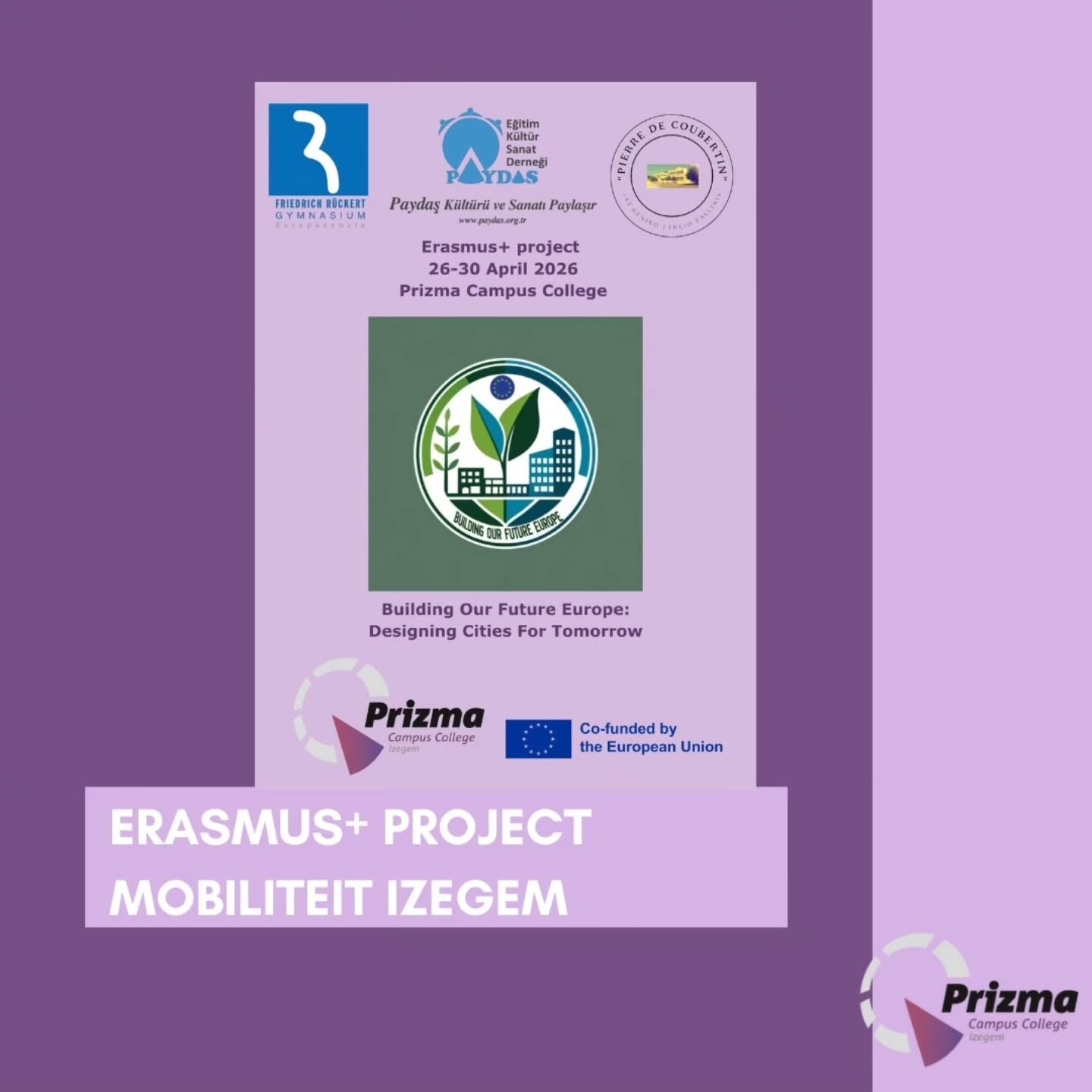 Van 26-30 april waren wij ontvangende school voor het Erasmus+ project Building Our Future Europe - Designing Cities For Tomorrow. Tien van onze vijfdejaars waren gastbroer of -zus voor leerlingen uit het Duitse Düsseldorf en het Griekse Pallini (bij Athene), die telkens vergezeld werden door enkele leerkrachten. Ook twee lesgevers uit de Turkse ngo Paydaş maakten deel uit van de internationale groep. We werkten rond klimaatuitdagingen, gemeenschapsontwikkeling en sociale innovatie. Tijdens een leerrijke wandeling door het Zwin, een pittige maar boeiende lezing en workshop van Europahuis Ryckevelde rond de klimaatproblematiek en de Europese Green Deal, en rondleidingen in Gent gefocust op burgerparticipatie, groene energie, lokale korte-keten-voeding en duurzame stadsontwikkeling kregen de jongeren een heleboel theoretische en praktische input. Daarna gingen ze zelf creatief aan de slag met hun projectopdracht: ‘Hoe kunnen we onze school, Prizma Campus College (en bij uitbreiding de scholen in Duitsland en Griekenland), klimaatvriendelijker maken?’ ‘Wat kunnen wij als leerlingen doen, en wat kan het beleid van de school/scholengemeenschap doen?’ Aan de hand van zelfgemaakte posters stelden ze hun concrete ideeën voor. Op het einde van deze energieke en zonovergoten week vol verbondenheid en vriendschap kreeg elke deelnemer het officiële Erasmus+ certificaat! De projectweek werd voorbereid en begeleid door de leerkrachten Hanne Vandendriessche, Liesbeth Van Maele, Lies Dewaele en mevrouw de directeur.
#prizmacampuscollege #hiergroeittalent