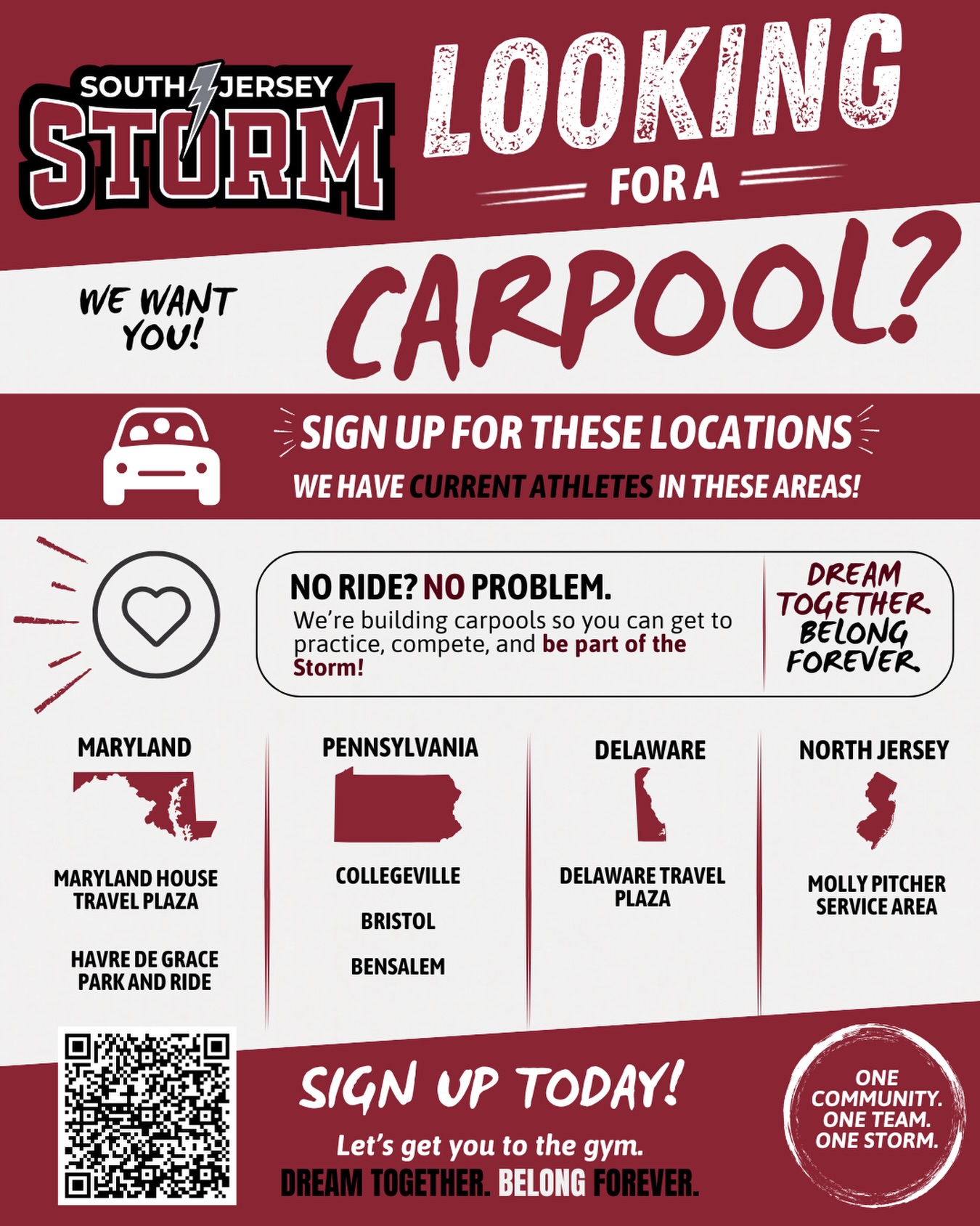 No ride? No problem ⚡️�We’re building carpools so athletes from more areas can be part of Storm.
One community. One team. One Storm.
#sjsjerseysbest #carpools #noride #noproblem