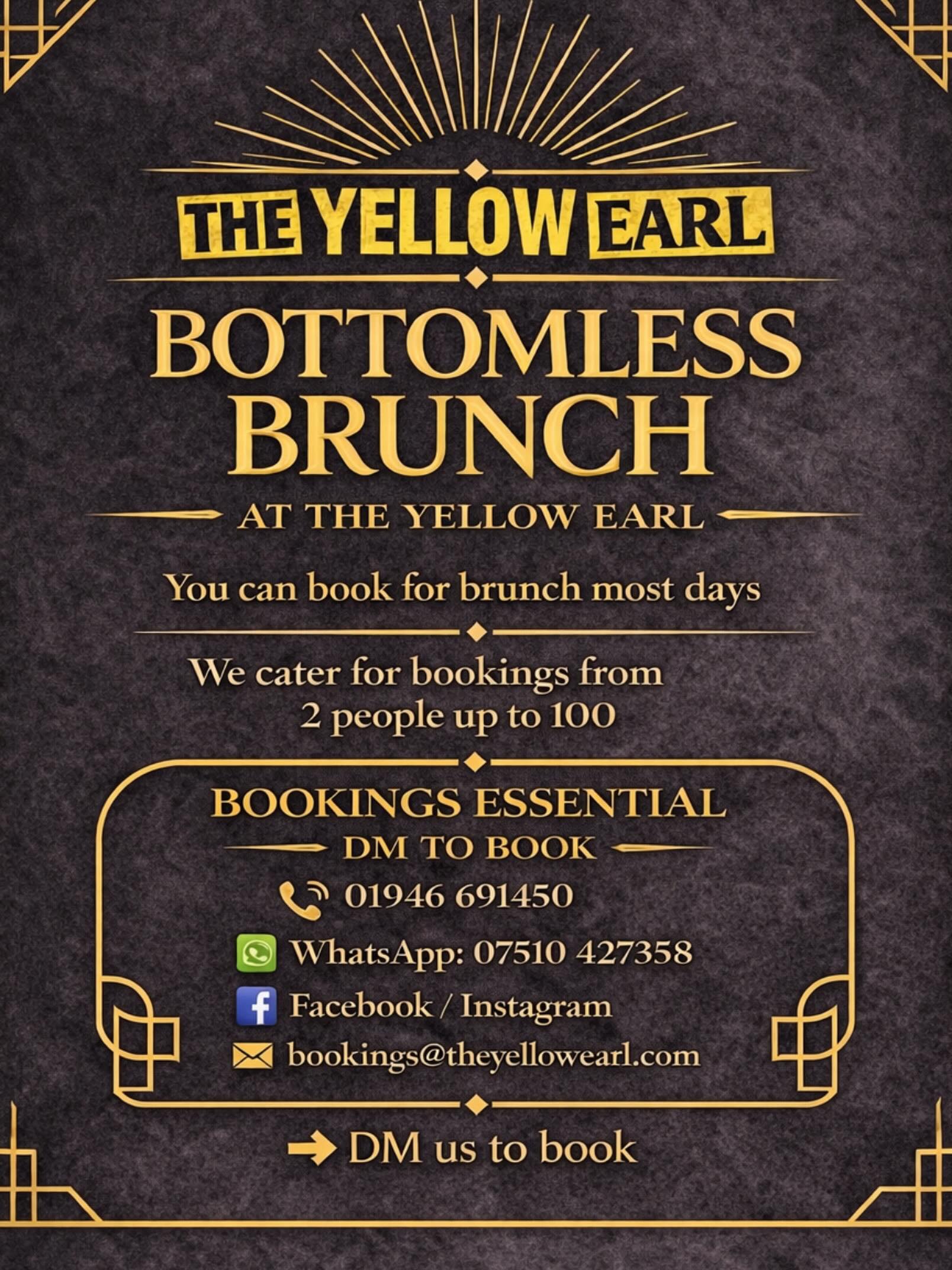 🍾 BOTTOMLESS BRUNCH AT THE YELLOW EARL 🍾
You can book in for Bottomless Brunch most days with us.
We cater for bookings from 2 people up to 100, so perfect for catch-ups, birthdays, and group celebrations.
🥂 90 minutes of bottomless drinks
• Prosecco
• Beer
• Cider
• Wine
• Spirits
🍽 Food included
• 2 dishes
• Side & dip
📍 Bookings essential
📞 01946 691450
📱 WhatsApp: 07510 427358
📥 Facebook / Instagram
📧 bookings@theyellowearl.com
👉 DM us to book