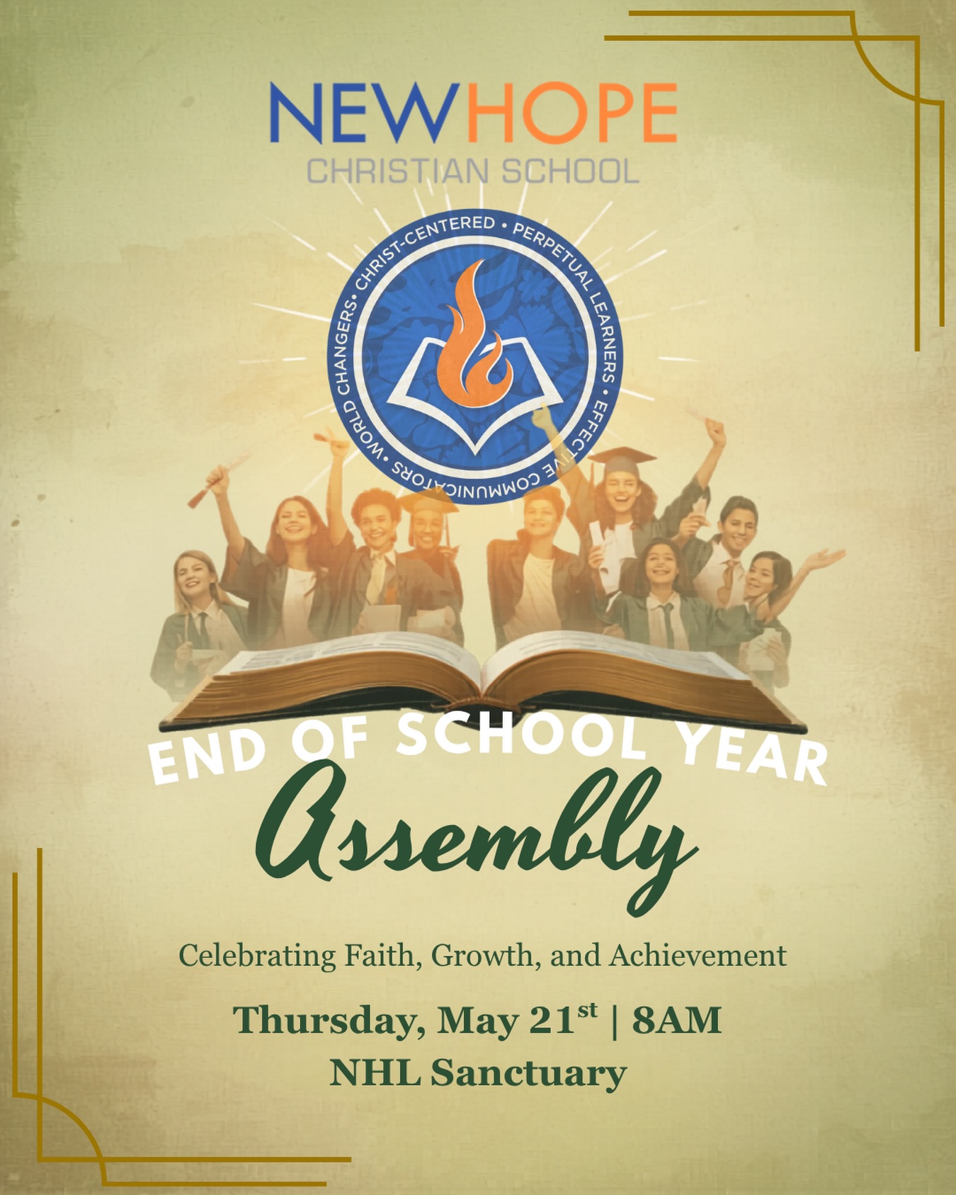 Our NHCS โOhana are invited to join us to celebrate faith, growth, and achievement of our students in our End of the School Year Assembly (Quarter 4)! ๐๐
Please join us for worship, recognition of students, and fellowship ๐๐ผ