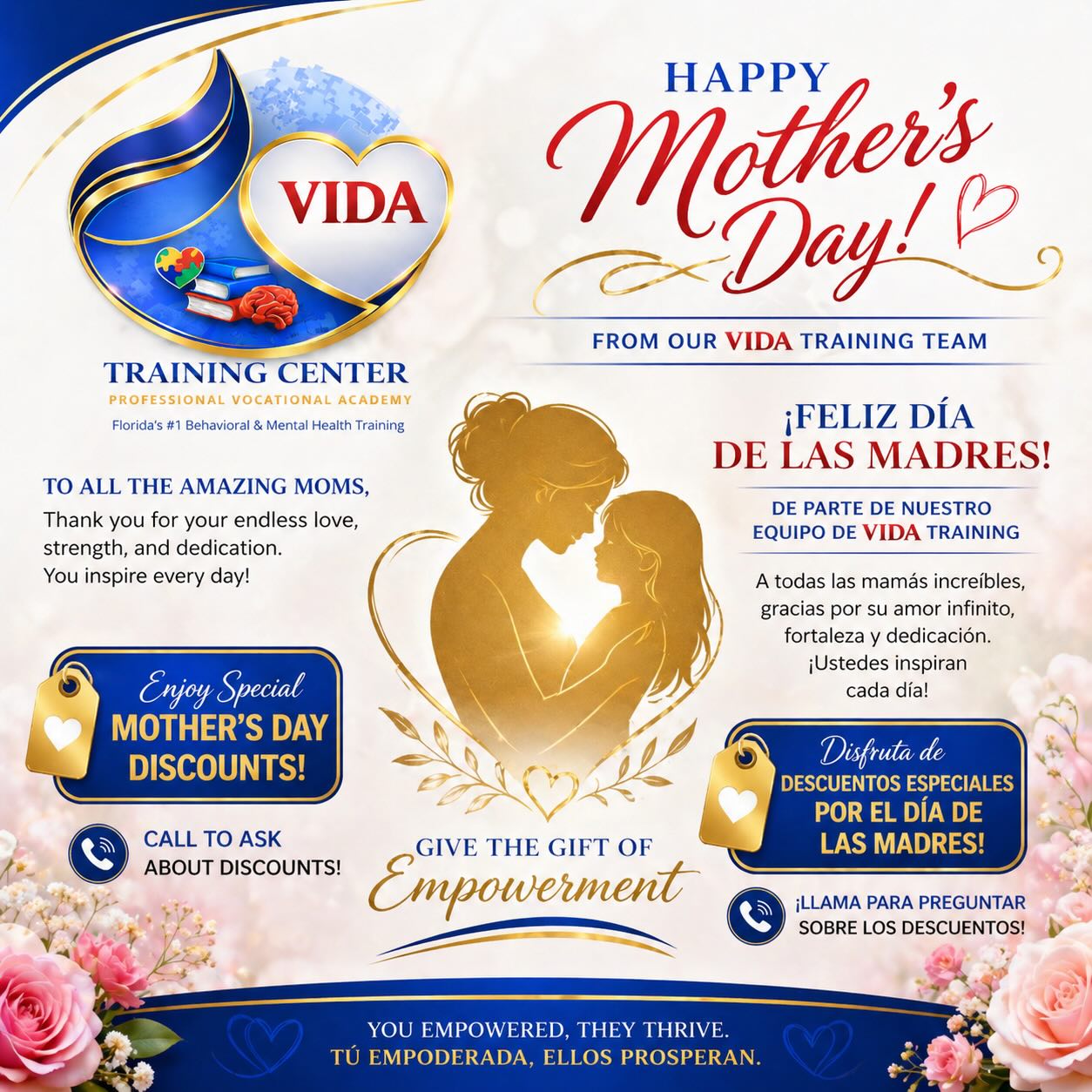 Happy Mother’s Day Weekend from all of us at VIDA Training Center! 💙🌸
This weekend, we celebrate the incredible mothers who lead with love, strength, and dedication every single day. Thank you for inspiring your families, your communities, and future generations. ✨
Celebrate YOU with special Mother’s Day discounts on our training programs! 🎓💫
Give yourself the gift of empowerment and opportunity.
📞 DM us to ask about our exclusive Mother’s Day specials!
💙 VIDA Training Center — Empowering futures, changing lives.
#HappyMothersDay #MothersDayWeekend #VIDATrainingCenter #Empowerment #WomenEmpowerment MentalHealthTraining BehavioralHealth EducationMatters