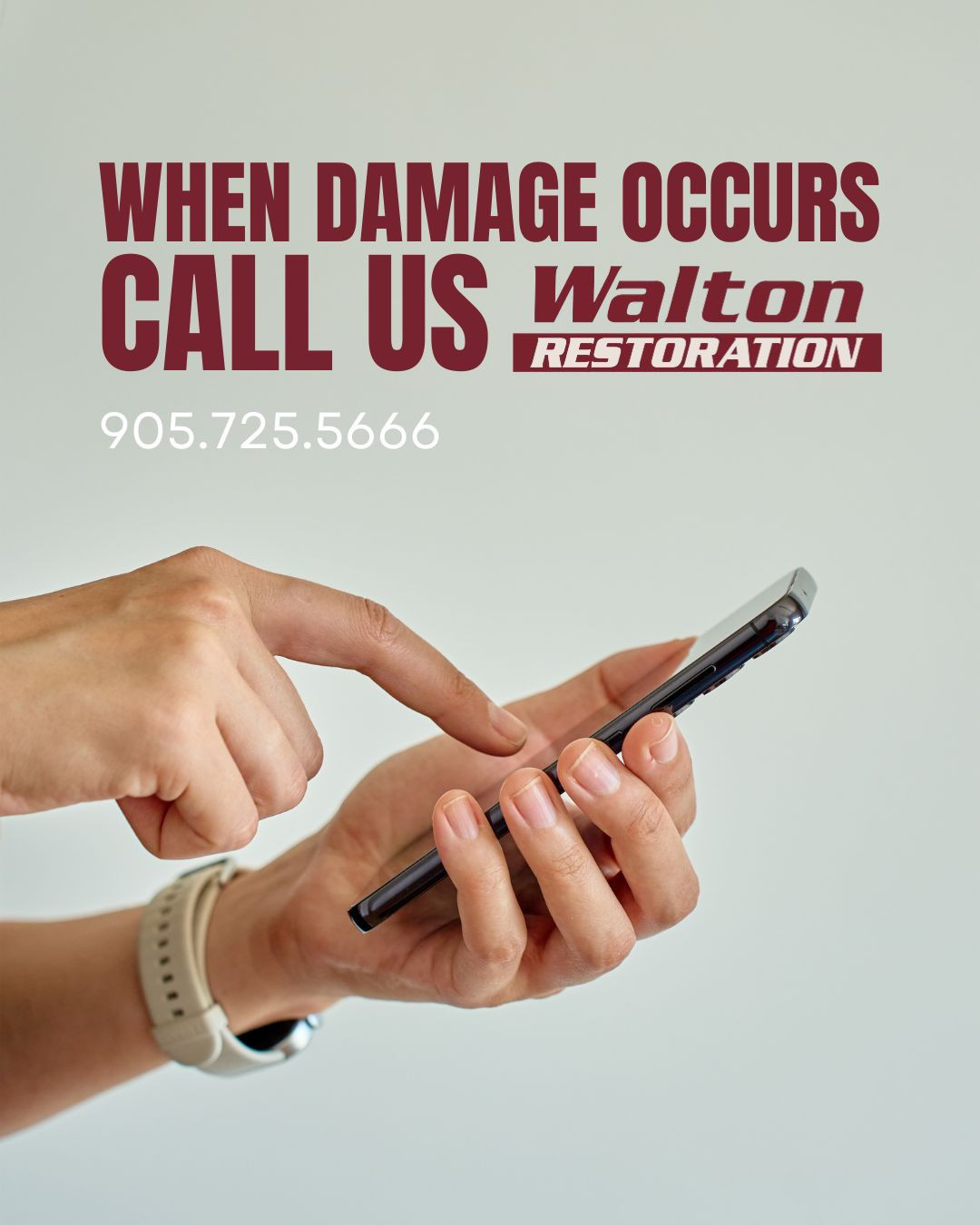 Reach out for a quote!
Years of experience, various equipment to manage any restoration situation and great service when you need it most.
~ Walton Restoration
24/7 Emergency Property Restoration
🔥 Fire 💧 Water 💨 Wind
905-725-5666
www.waltonrestoration.com