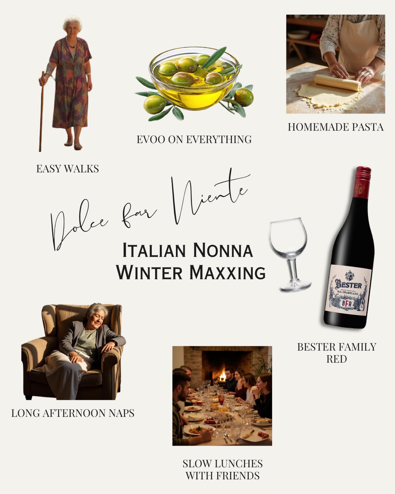 This winter we’re fully committing to Italian Nonna Maxxing 🍷🤌
Soup that’s been simmer for hours. Enough bread to concern your doctor. Thick jerseys. Loud kitchens. Olive oil on absolutely everything. Telling people to “eat, eat!” every seven minutes.
And, naturally, a bottle of BESTER Family Red ready to be poured.
Honestly, the Italians know what’s up.
Less rushing, more simmering. Less scrolling, more sitting around the table while someone’s aunt argues about garlic quantities. This is winter done properly.
Email @zakkiebester at zakkie@besterwines.com to get your 🍷 delivered to your door throughout SA!
#BesterFamilyWine
#DolceFarNienteMos
#NonnaMaxxing
#BesterFamilyRed
#BFR