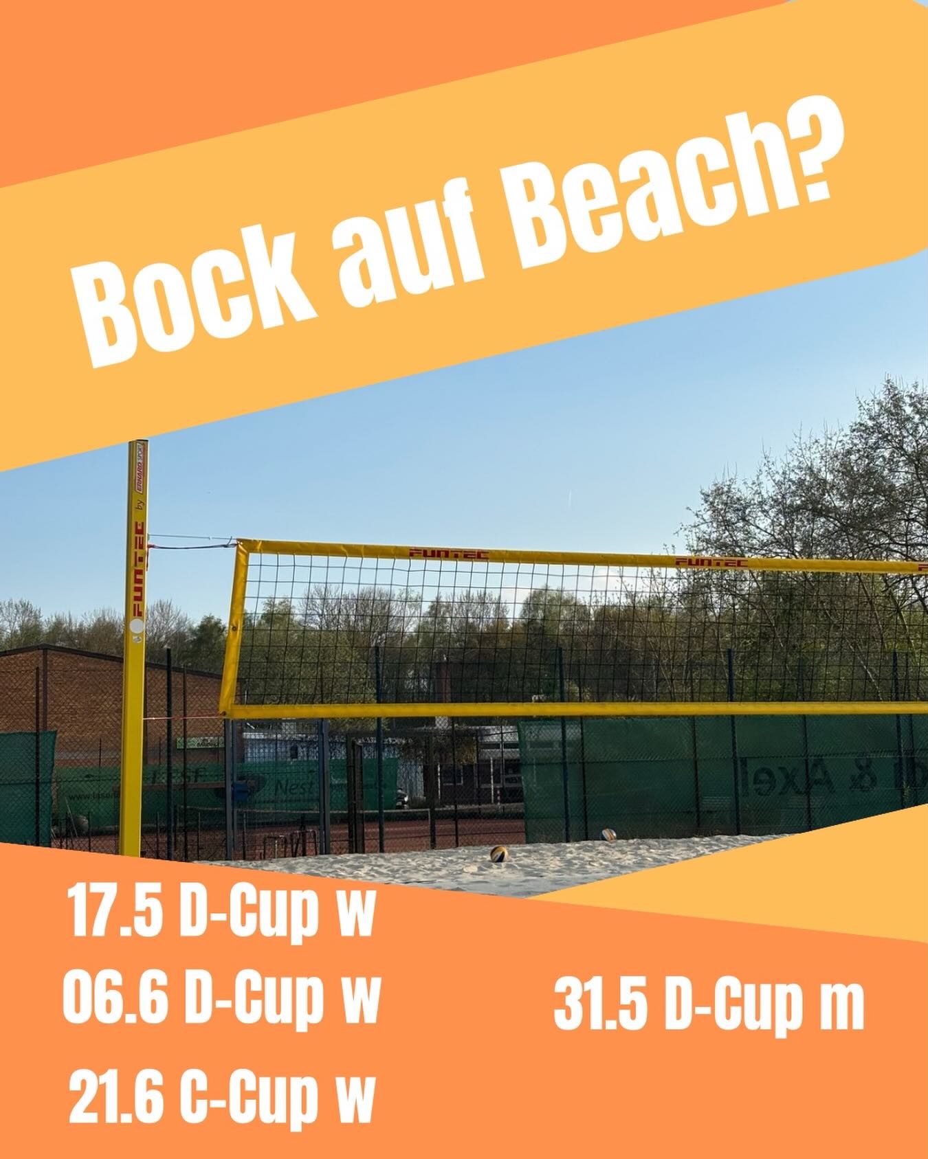Die Beach-Saison geht los und wir sind dabei🤩
Aufgrund der hohen Nachfrage für unserem D-Cup am 17.5 haben wir uns kurzfristig entschlossen NOCH EINEN D-Cup am 6.6 auszurichten😎
Auch noch eine kleine Erinnerung, dass noch einige Startplätze zu vergeben sind👇
D-Cup m (31.5) 7/20
D-Cup w (6.6) 1/12
C-Cup 2 (21.6) 7/20
Habt ihr Bock?! Dann meldet euch schnell an 😉