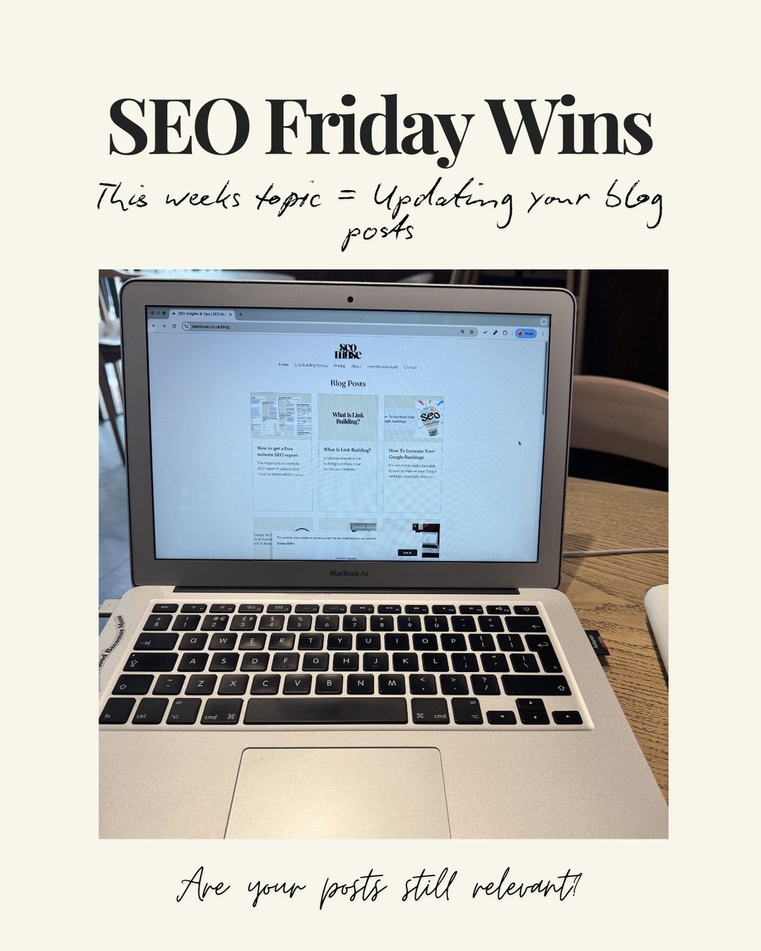 This weeks SEO Friday wins = Updating old blog posts
When was the last time your blog's were updated? Is the content on your posts still relevant?
This Friday before the weekend, give one or two of your blogs an update. This can include:
- Updating links
- Add new information
- Correct any spelling errors
- Update product information
Outdated information doesn't sell.
Updating your blogs will get Google crawling your site and giving you the opportunity to get your post showing on Google again.