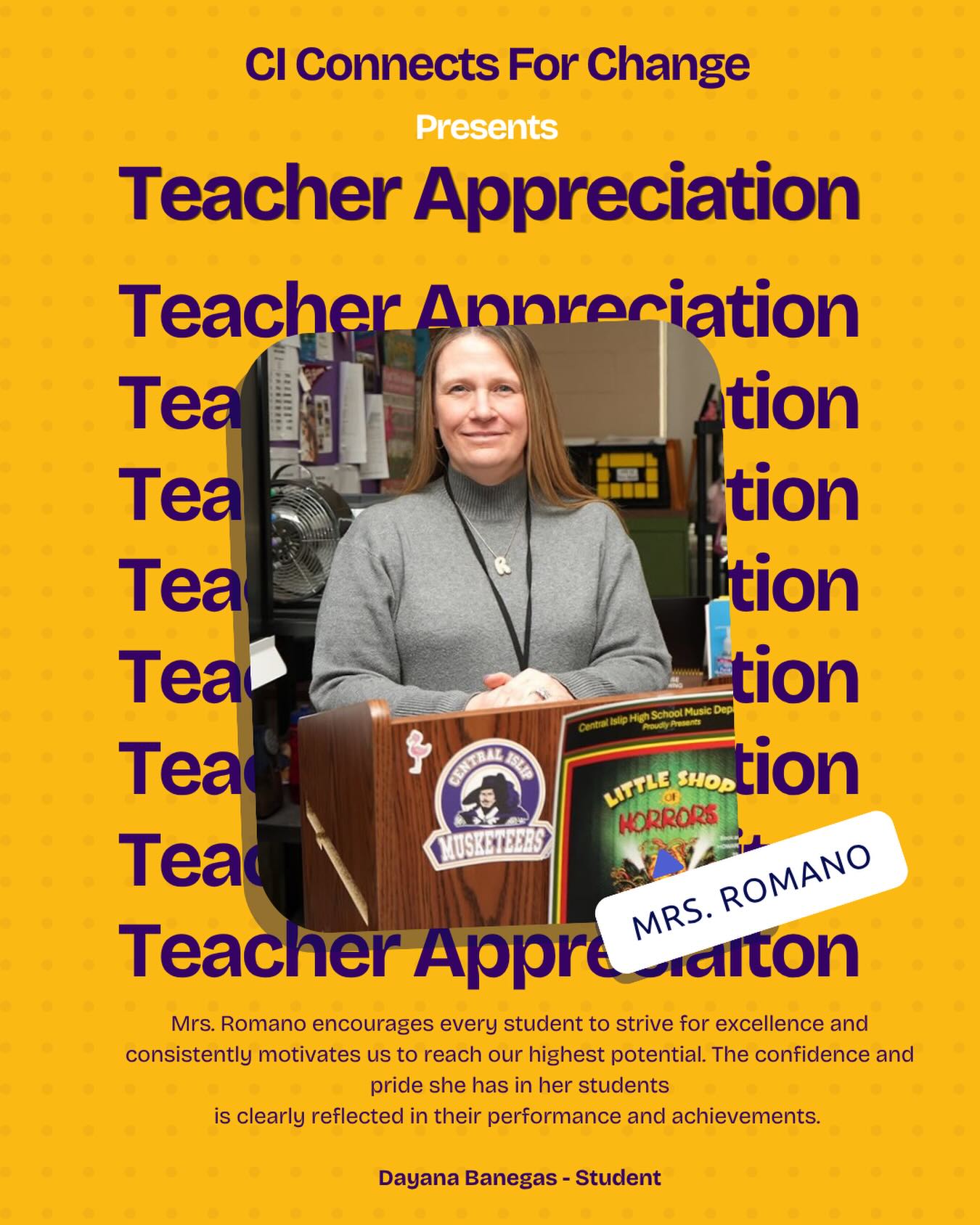 Mrs. Romano is an exceptional AP English teacher who continuously pushes her students toward success. She is a phenomenal educator who makes sure every student is fully prepared for tests and
challenges us to put in the hard work and dedication necessary to grow. Her class requires effort and
commitment that always pays off by teaching valuable skills and lessons that extend far beyond the
classroom and apply to the real world. Mrs. Romano encourages every student to strive for excellence and
consistently motivates us to reach our highest potential. The confidence and pride she has in her students
is clearly reflected in their performance and achievements. Through her guidance, support, and dedication,
Mrs. Romano has made a lasting impact on all of her students and has truly helped prepare us for the
future.