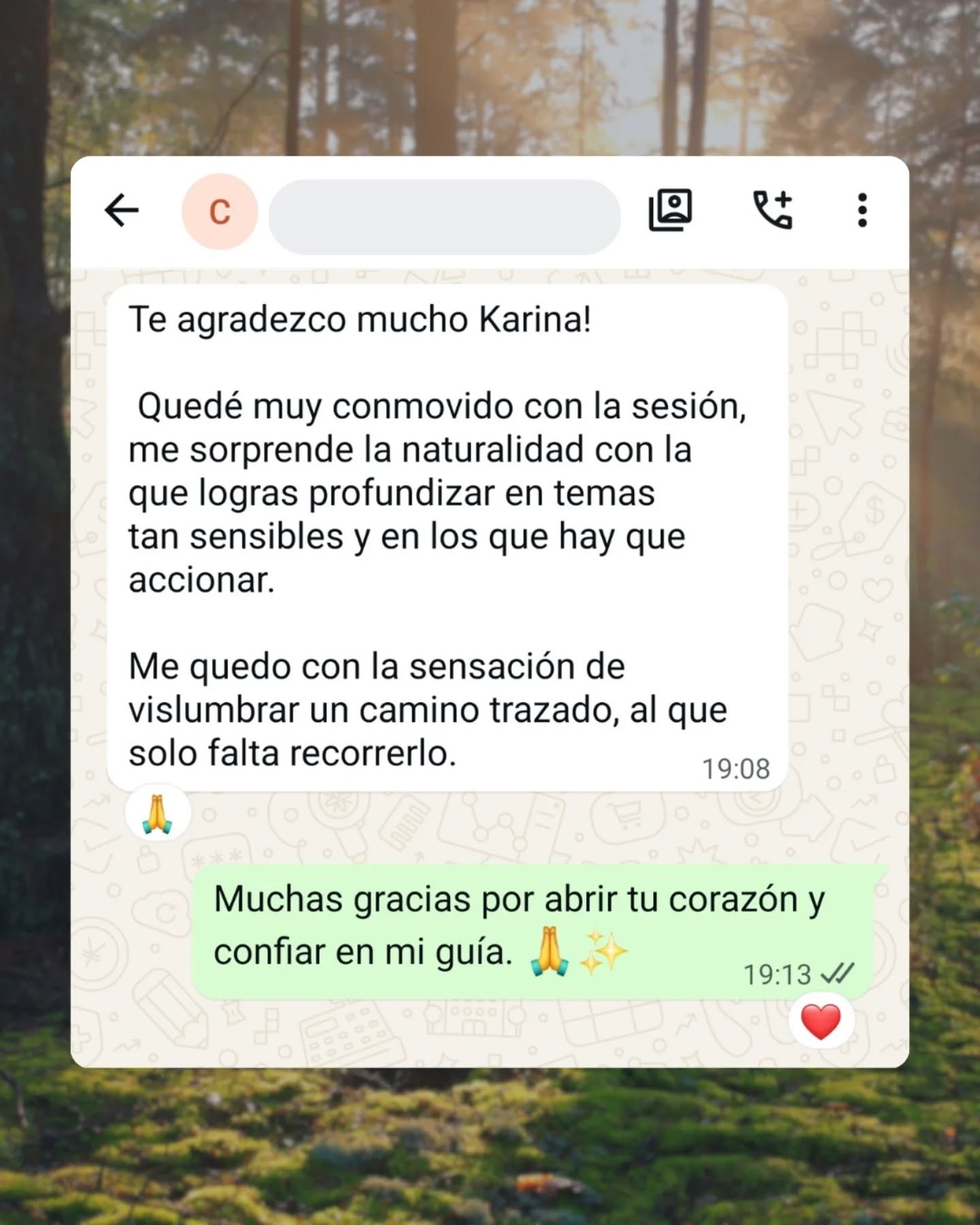 Agradezco de corazón recibir estas cálidas palabras de mi consultante con quién hemos trabajado en varias sesiones abordando distintos aspectos de su vida.
Y sobre todo, agradezco la confianza que ha depositado en mí.
Gracias, gracias, gracias 🙏✨