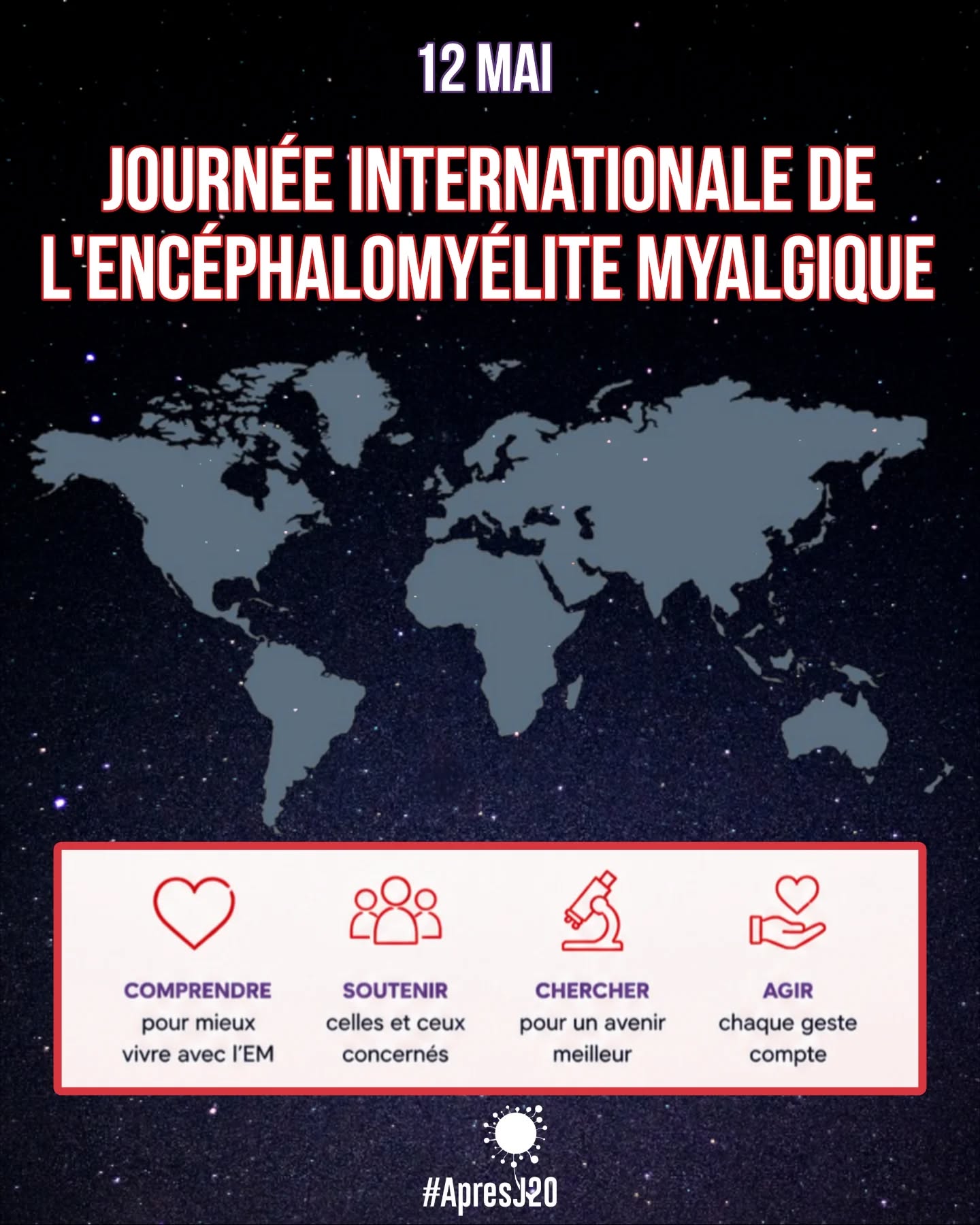 Aujourd’hui, à l’occasion de la Journée internationale de l’Encéphalomyélite Myalgique (EM), #ApresJ20 adresse son soutien à toutes les personnes concernées, ainsi qu’à leurs proches.
L’EM est une maladie neurologique sévère, invalidante, encore trop souvent ignorée. Derrière son invisibilité, il y a des vies bouleversées, des parcours interrompus, et une attente simple mais essentielle : être reconnus, écoutés, pris en charge.
Une partie des malades atteints de Covid long développent également une encéphalomyélite myalgique. Cette réalité rappelle à quel point les liens entre Covid long et EM doivent être mieux reconnus, mieux étudiés et mieux pris en compte dans les parcours de soins.
En cette journée, nous rappelons l’urgence de faire avancer la recherche, la reconnaissance médicale et la compréhension publique de l’EM.
Rendre visible l’invisible, c’est déjà agir.
#JourneeInternationaleEM #EncéphalomyéliteMyalgique #CovidLong #ApresJ20 MaladieInvisible Recherche Reconnaissance @millionsmissingfrance @asfc.em @aqem_sfc