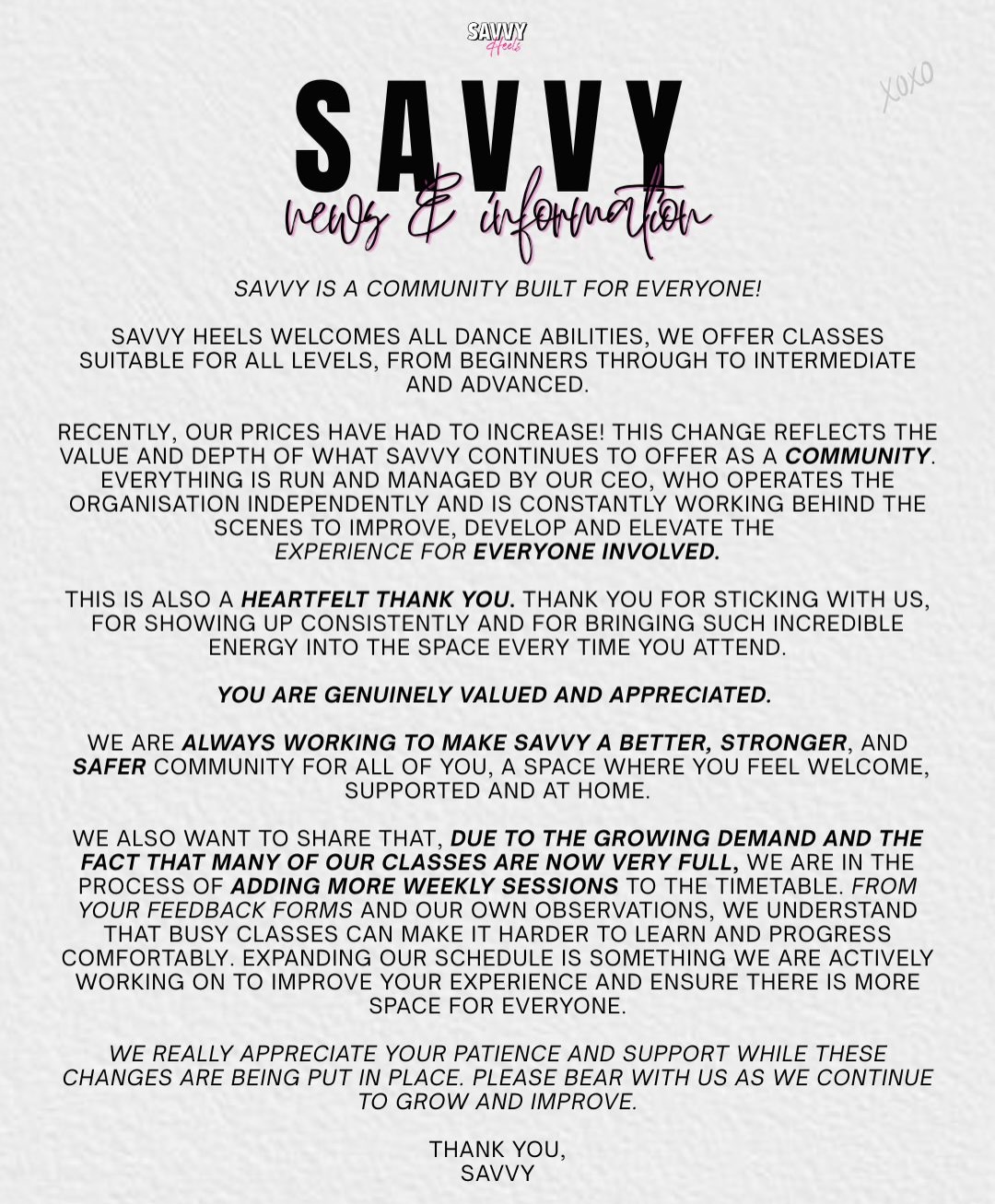 Savvy Heels is for EVERYONE!!! 🫂
Whether you used to dance, have never danced before, want to build confidence, make friends, move your body or just have one hour a week for yourself… you belong here 🖤
And this is only the beginning…
New classes, workshops, events, opportunities & so much more coming very soon 👀
We are so excited for this next chapter of Savvy Heels with you all! ♥️
#SavvyHeels #HeelsDance #HeelsClasses #Community